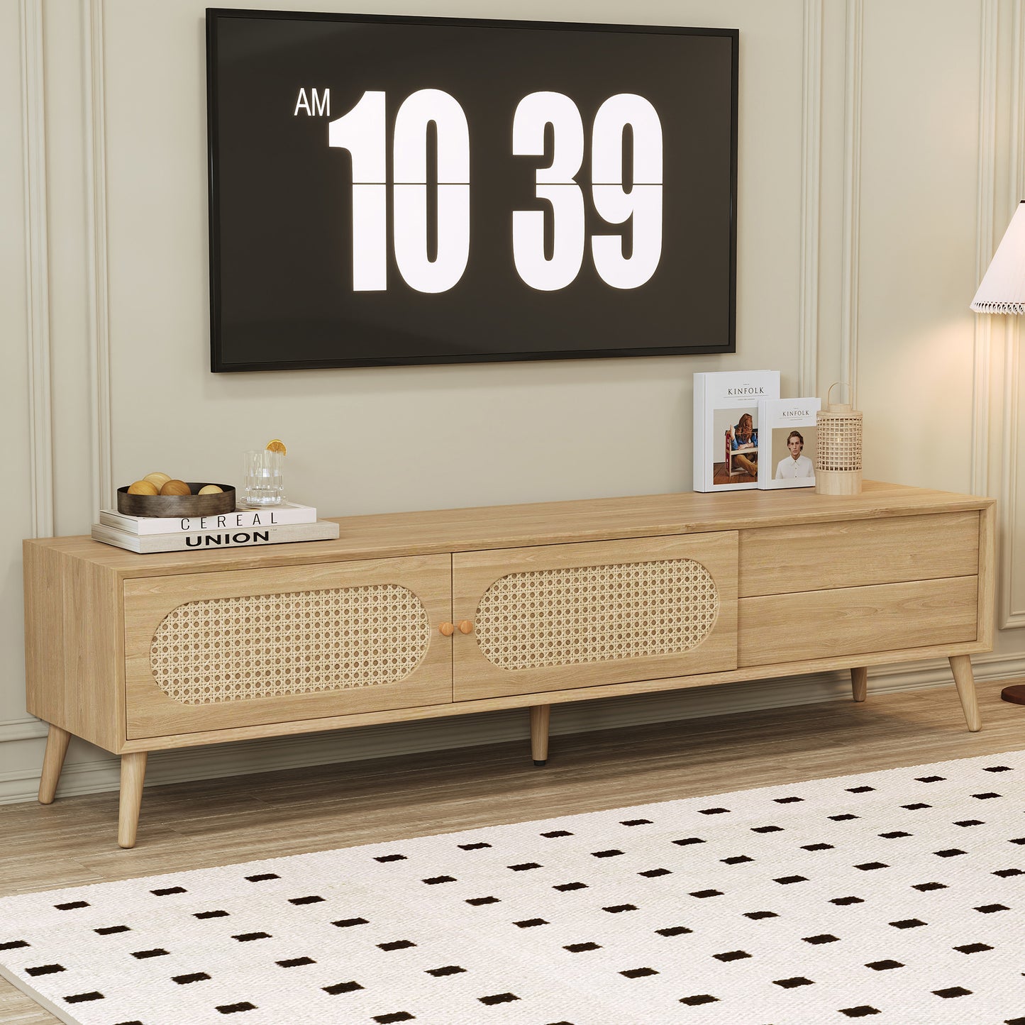 Modern Farmhouse Media Console – Rattan TV Cabinet with Solid Wood Legs, 70.8" for 80" TV
