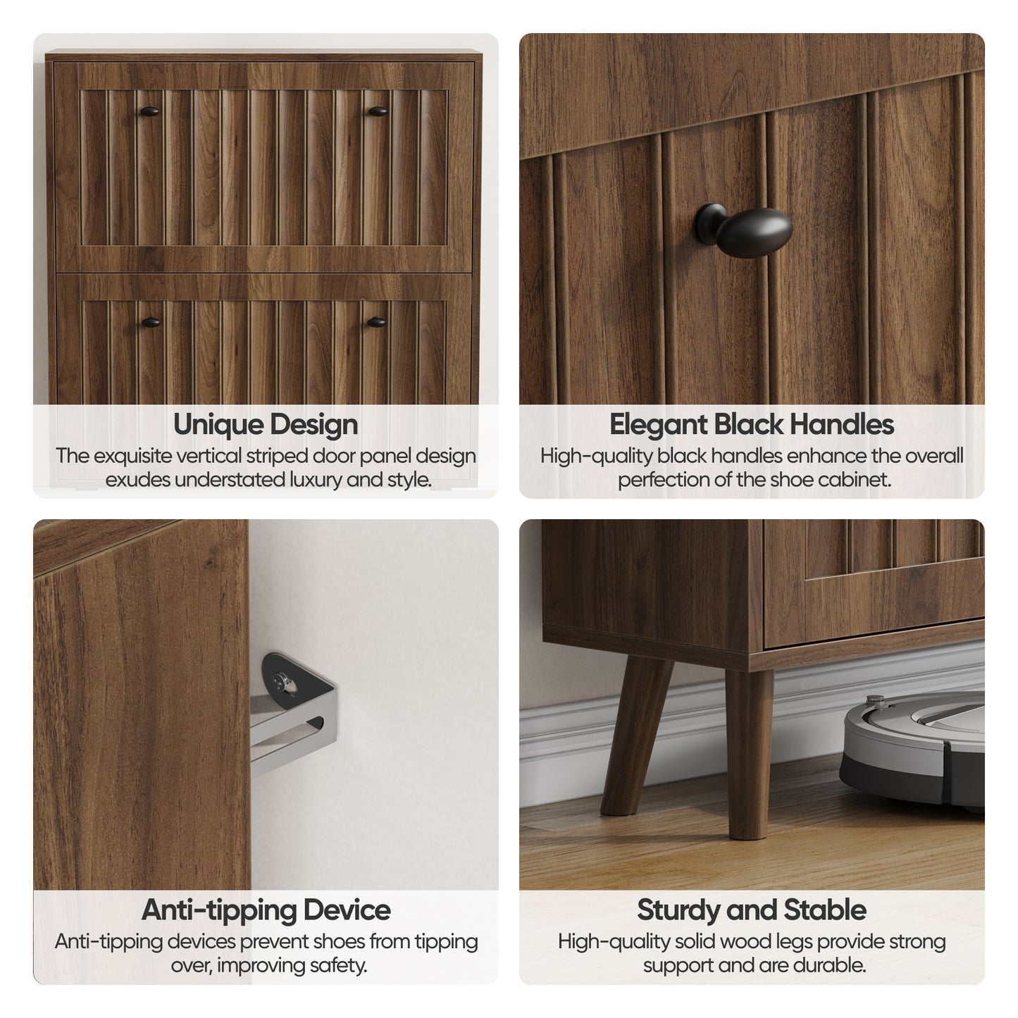 Medieval-Style Modern Shoe Cabinet | Upright Shoe Storage Unit with Vertical Grooved Finish – Walnut, 2 Sizes (23.6" or 31.5")