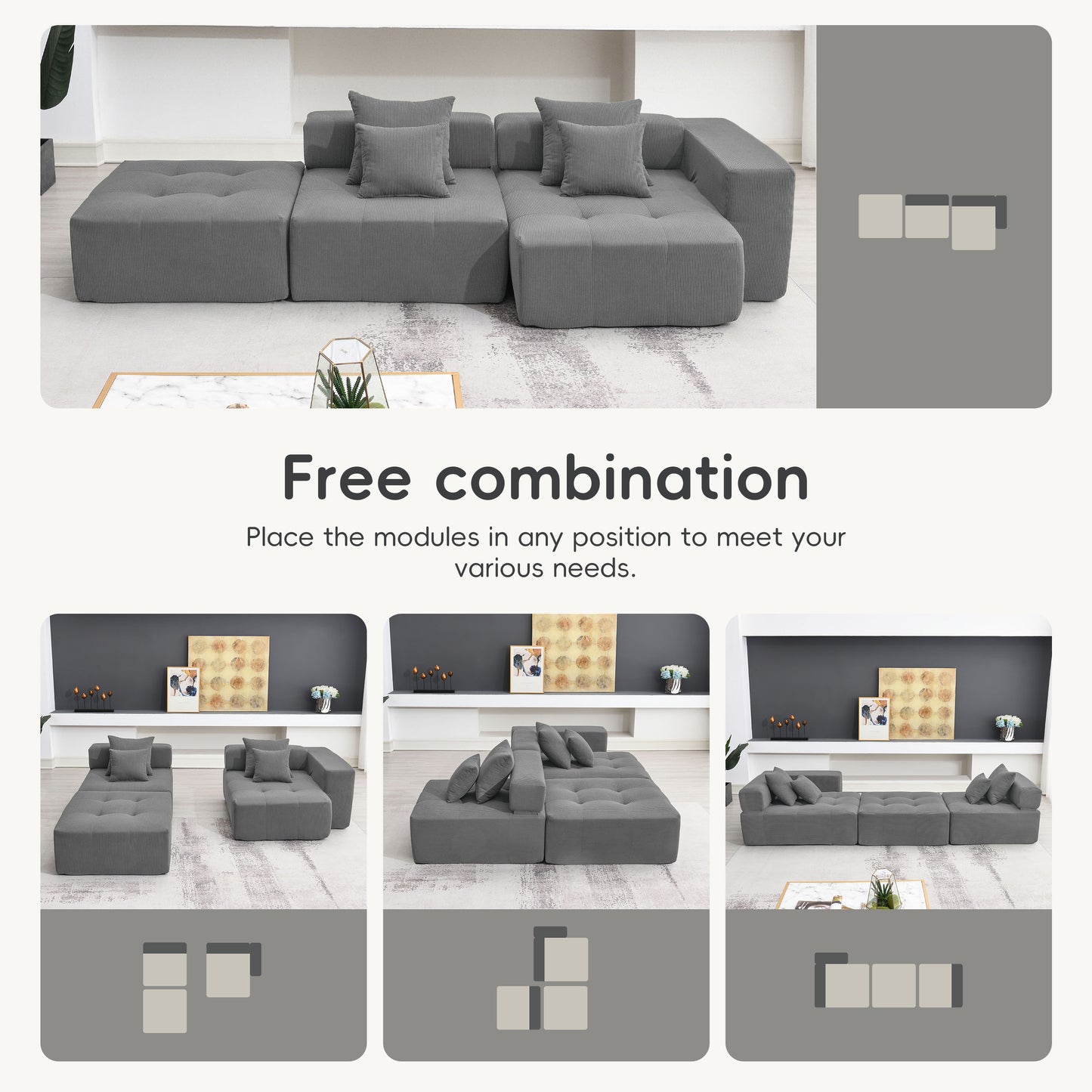 L Shaped Modular Sectional Sofa,Wide and Deep Seat No Assembly Required,3 Colors