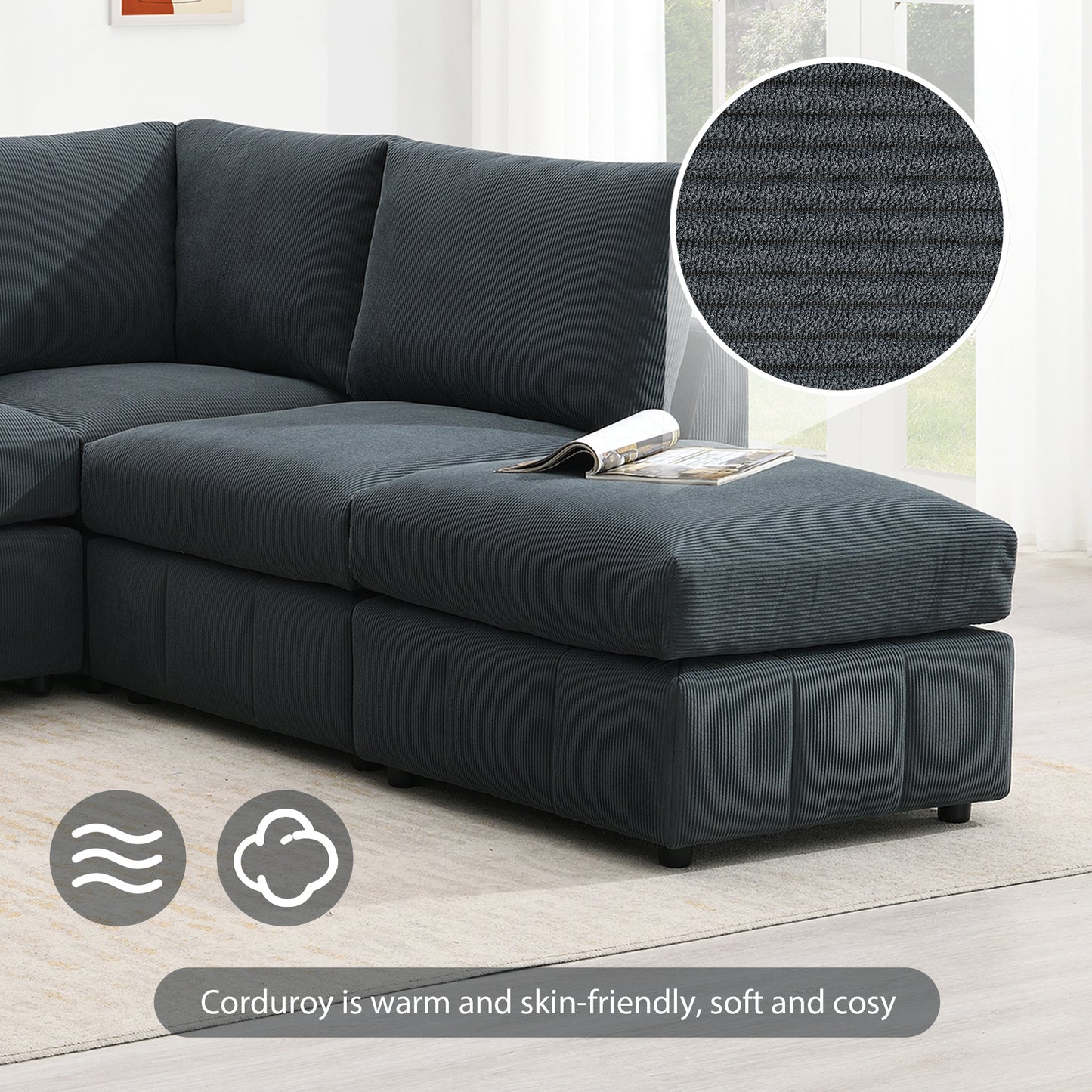 L-Shape 5-Seat Sectional Sofa Armless Couch Set with Convertible Ottomans,Various Combinations,