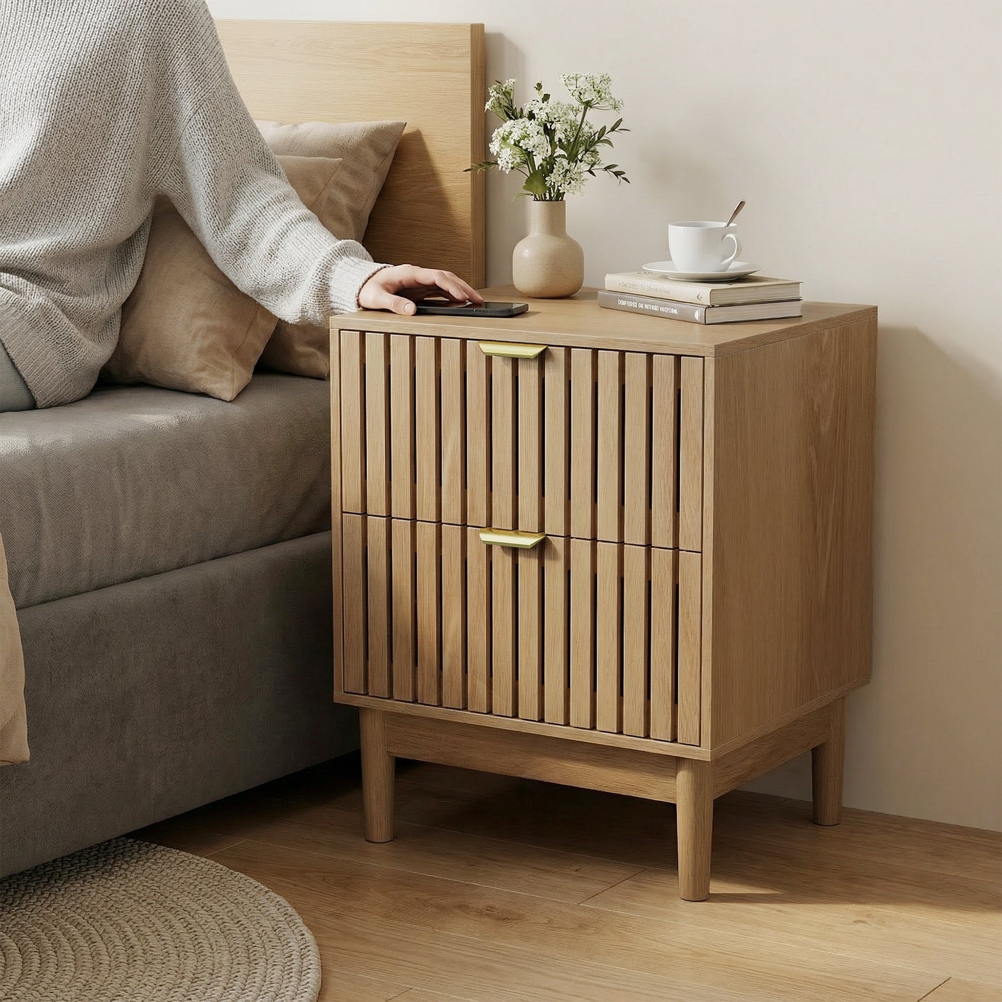 Oak Bedside Table with Grille Design and Two Drawers – Nightstand | Modern Storage Cabinet for Bedroom, Living Room, Office