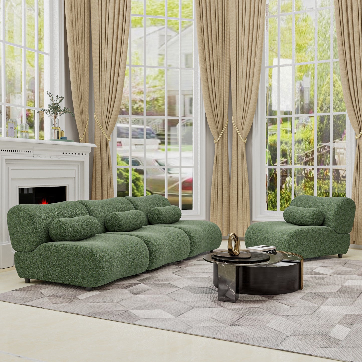 Chenille Fabric Living Room Sofa with Cylindrical Pillows, Freely Arrangeable 3 Colors