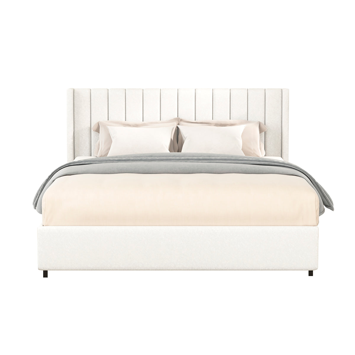 Patented 2-Drawer Storage Bed Queen Size Ivory Boucle Upholstered Platform Bed, Tufted Headboard, Wooden Slat Mattress Support