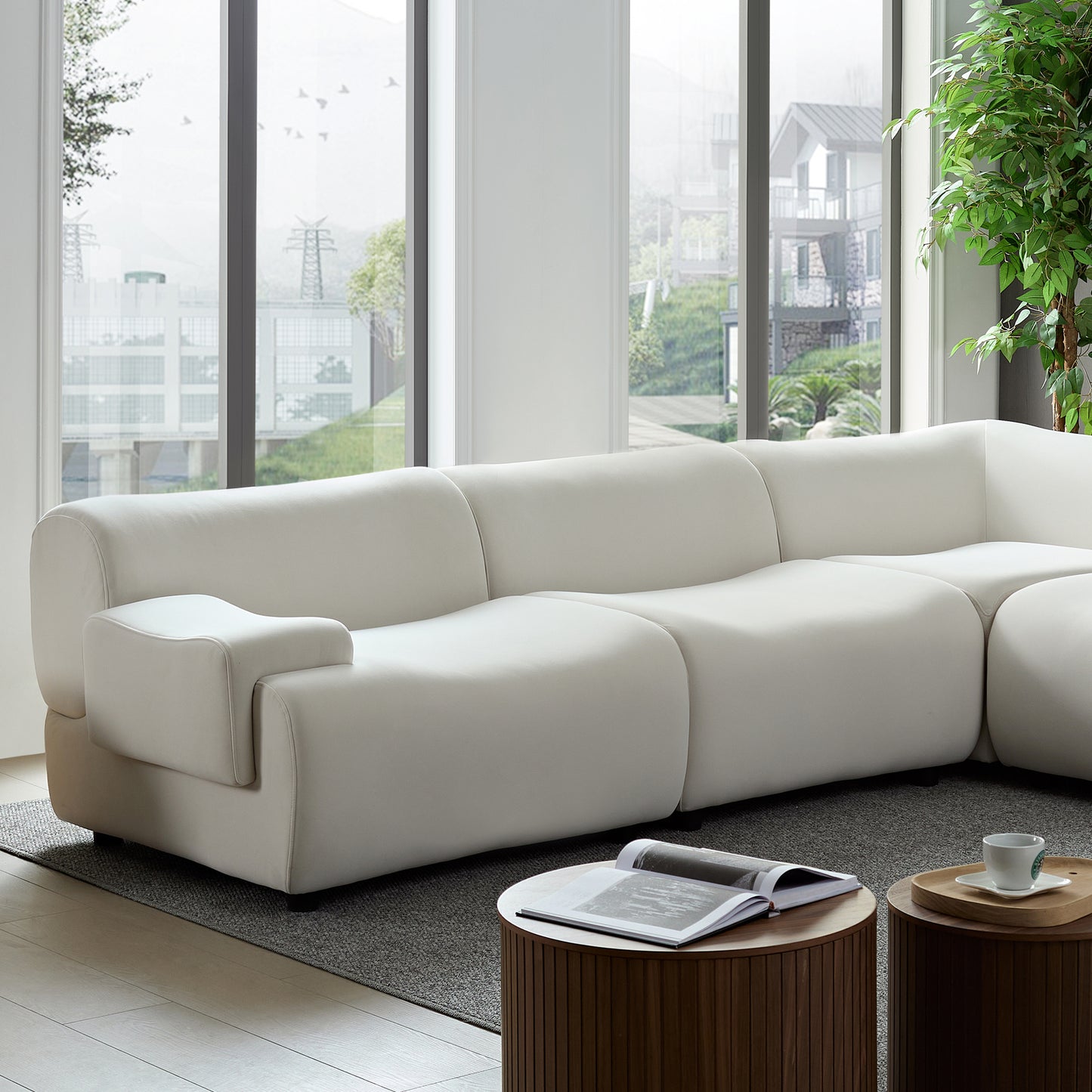 Bamboo-jointed sofa Solid Wood Frame 4 - Seat Sectional Sofa: White, Strong Durable Fabric, High - Density Sponge