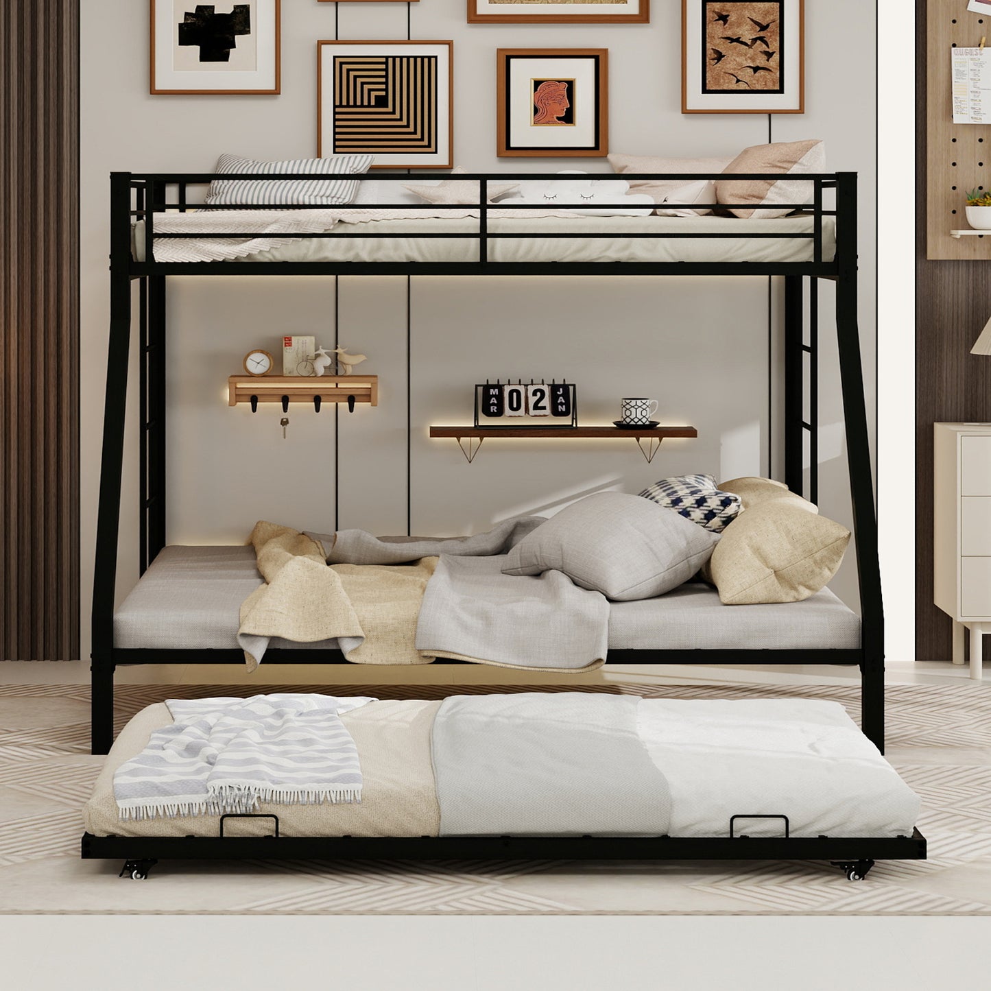 High-Stability Square Tube Bunk Bed with Ladder & Rolling Trundle | Full Size – Modern Minimalist, Strong Load-Bearing for Home/Dorm/Guest Room
