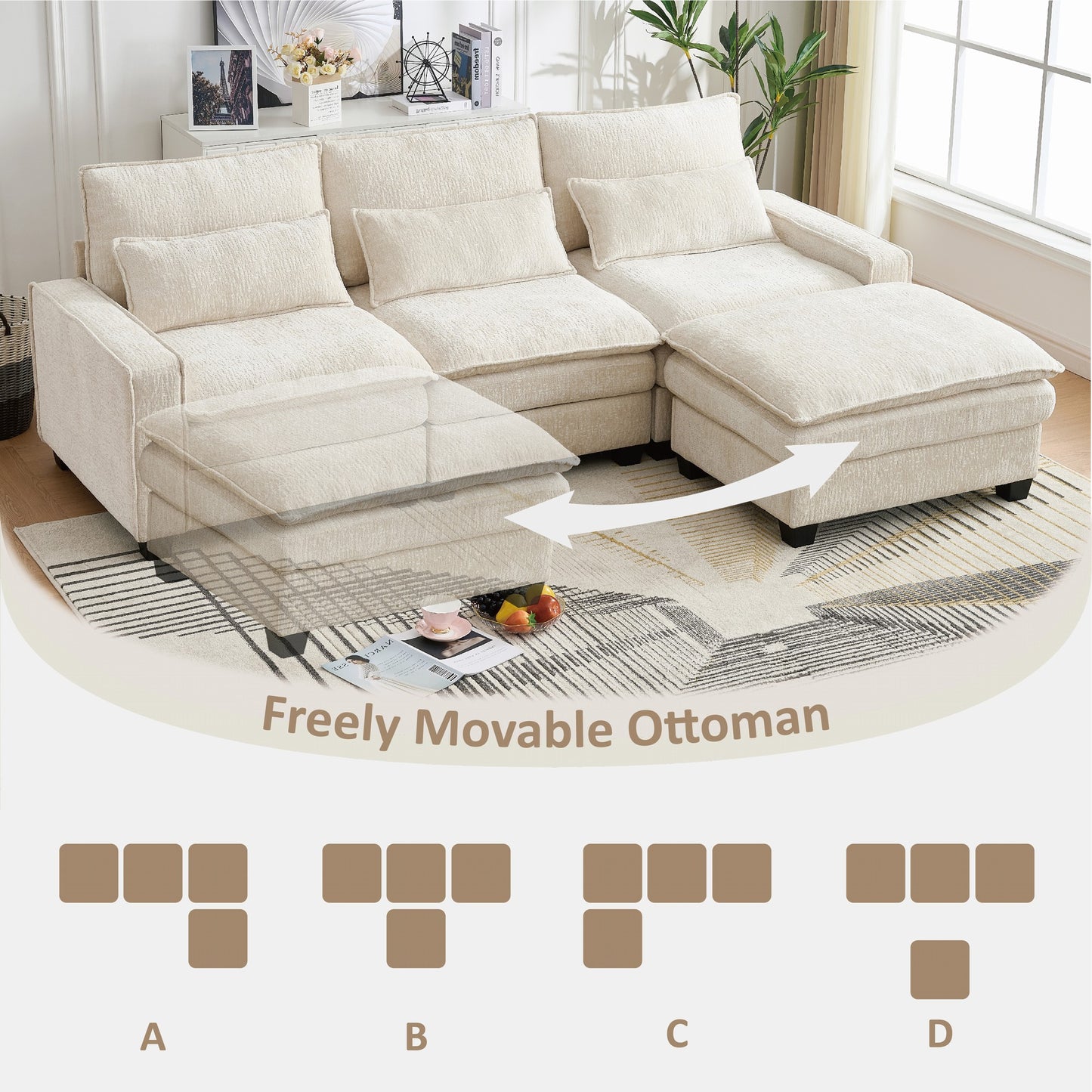 Sectional Cloud Deep Seat Couch, Modern Comfy Chenille L Shaped Sectional Sofa  with Movable Ottoman for Living Room