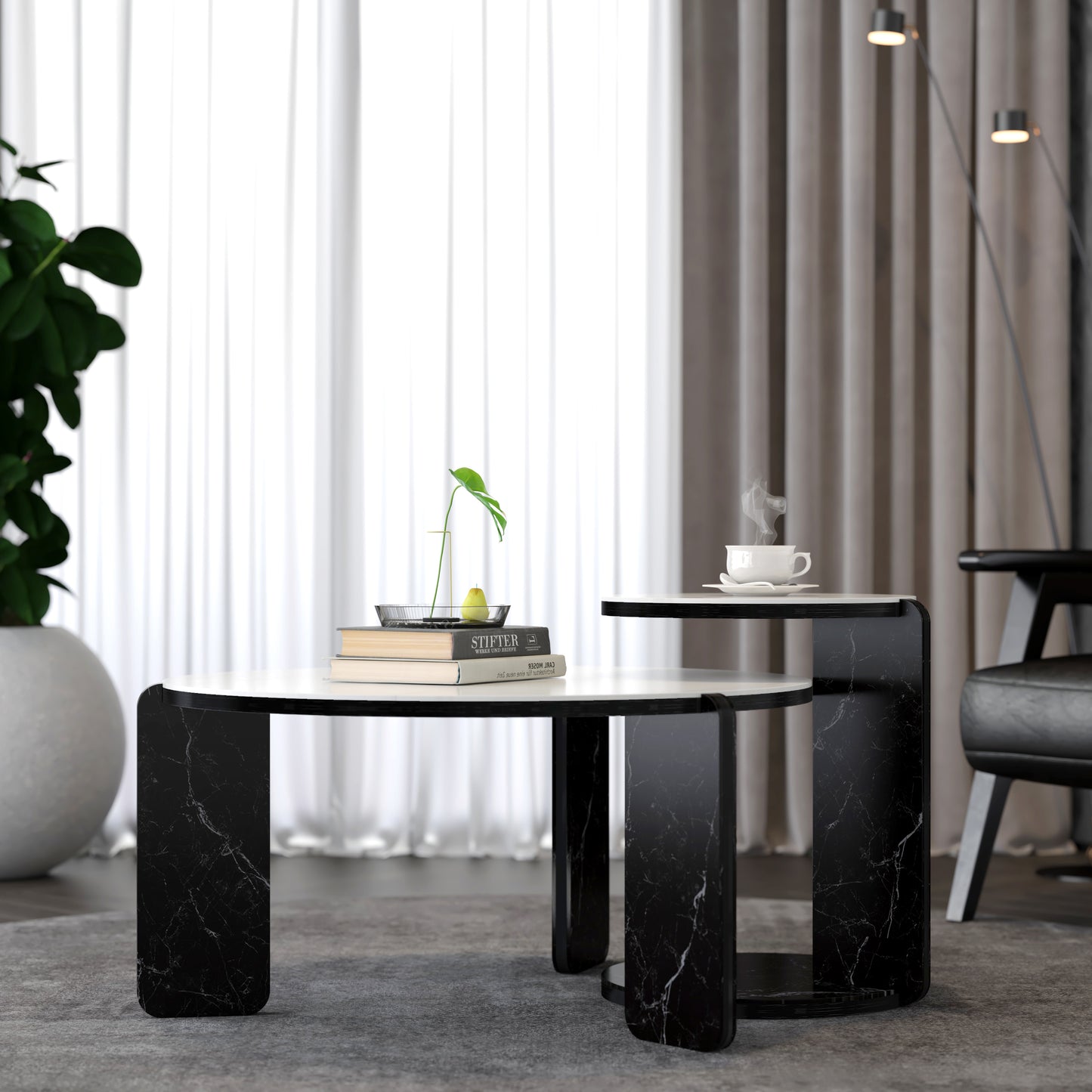 Round Nesting Coffee Table Set of 2 – Sintered Stone Top, 18mm MDF + Stone Legs (White+Black / Walnut / Black)