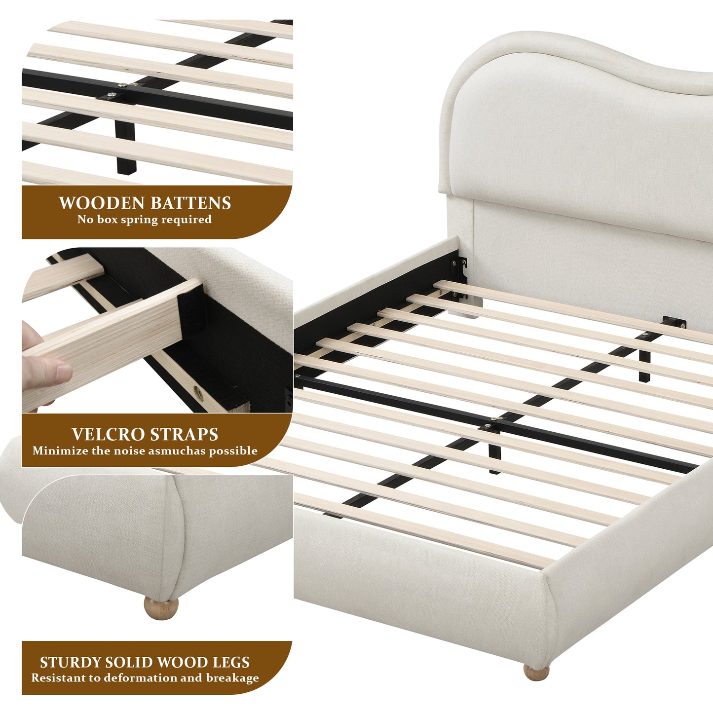 Upholstered Platform Bed Frame with Rounded Corners Curved Headboard | Chenille Fabric, Wooden Slats, Oak Legs – No Box Spring Needed (Queen/King)