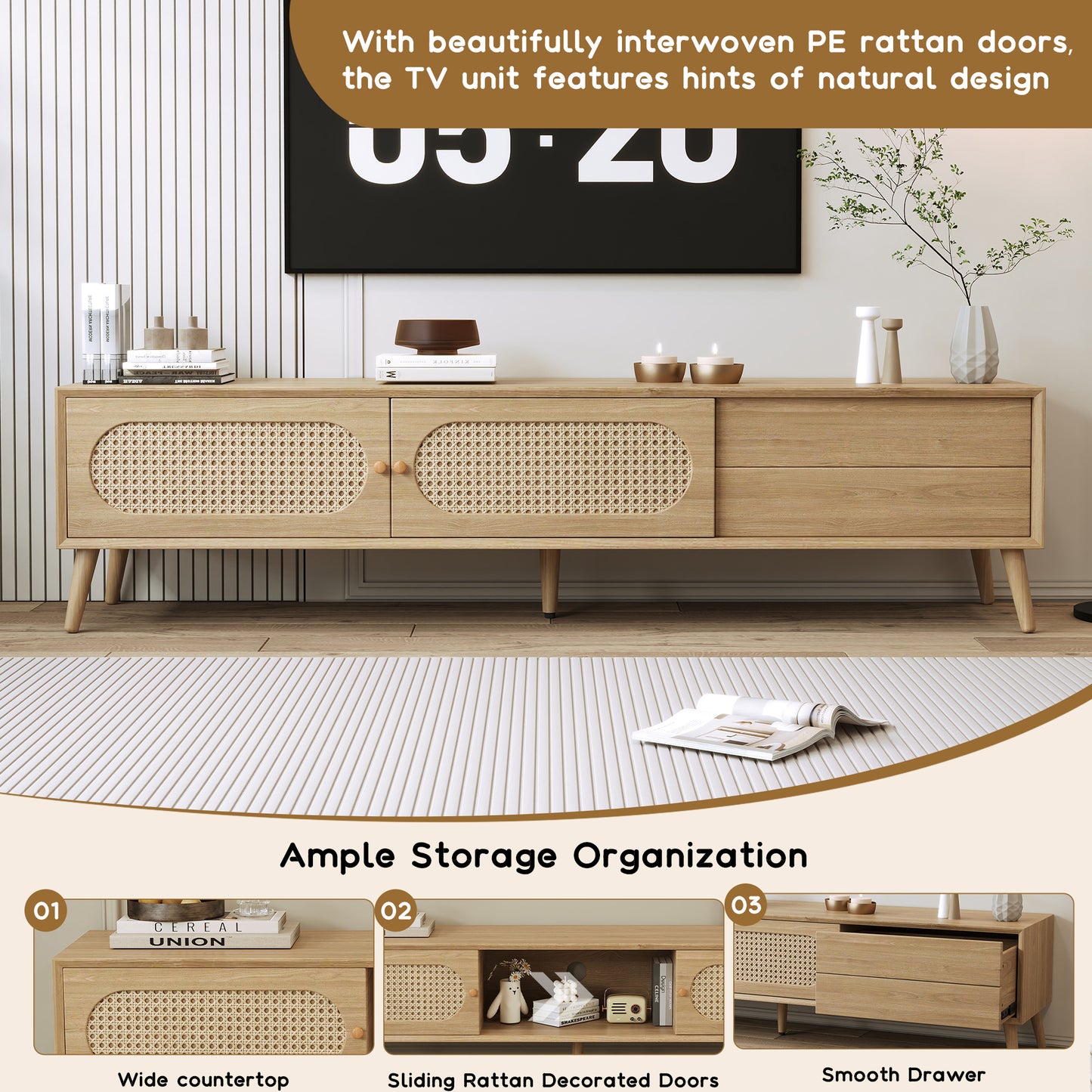 Modern Farmhouse Media Console – Rattan TV Cabinet with Solid Wood Legs, 70.8" for 80" TV