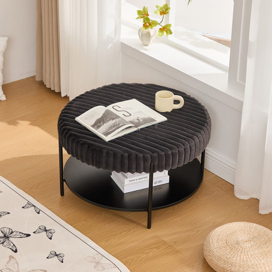 Upholstered Round Ottoman Coffee Table & Pouf Foot Rest | Faux Fur, Metal Legs – Beige/Brown/Charcoal