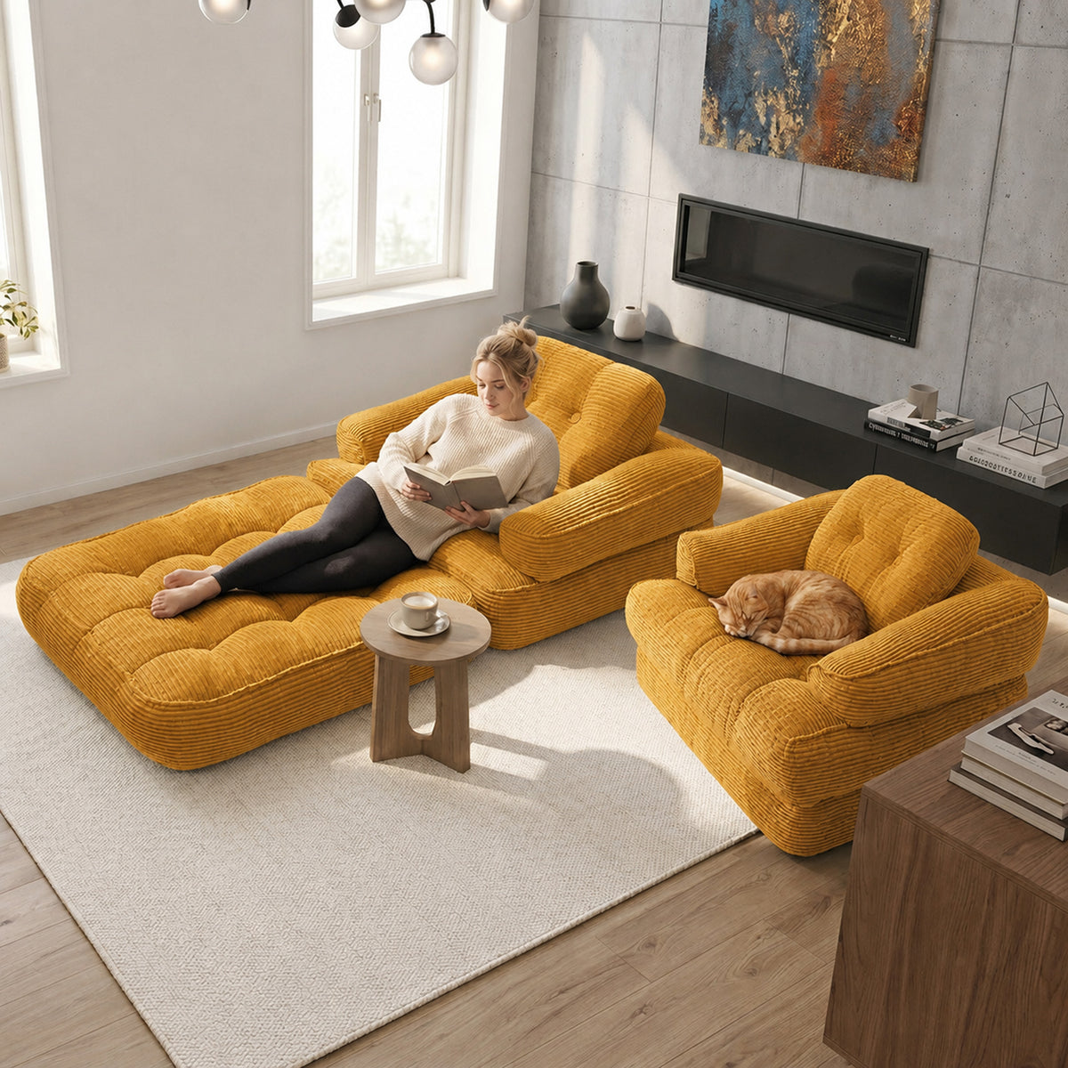 2-in-1 Boneless Convertible Floor Couch – Lazy Double Sofa with Armrest