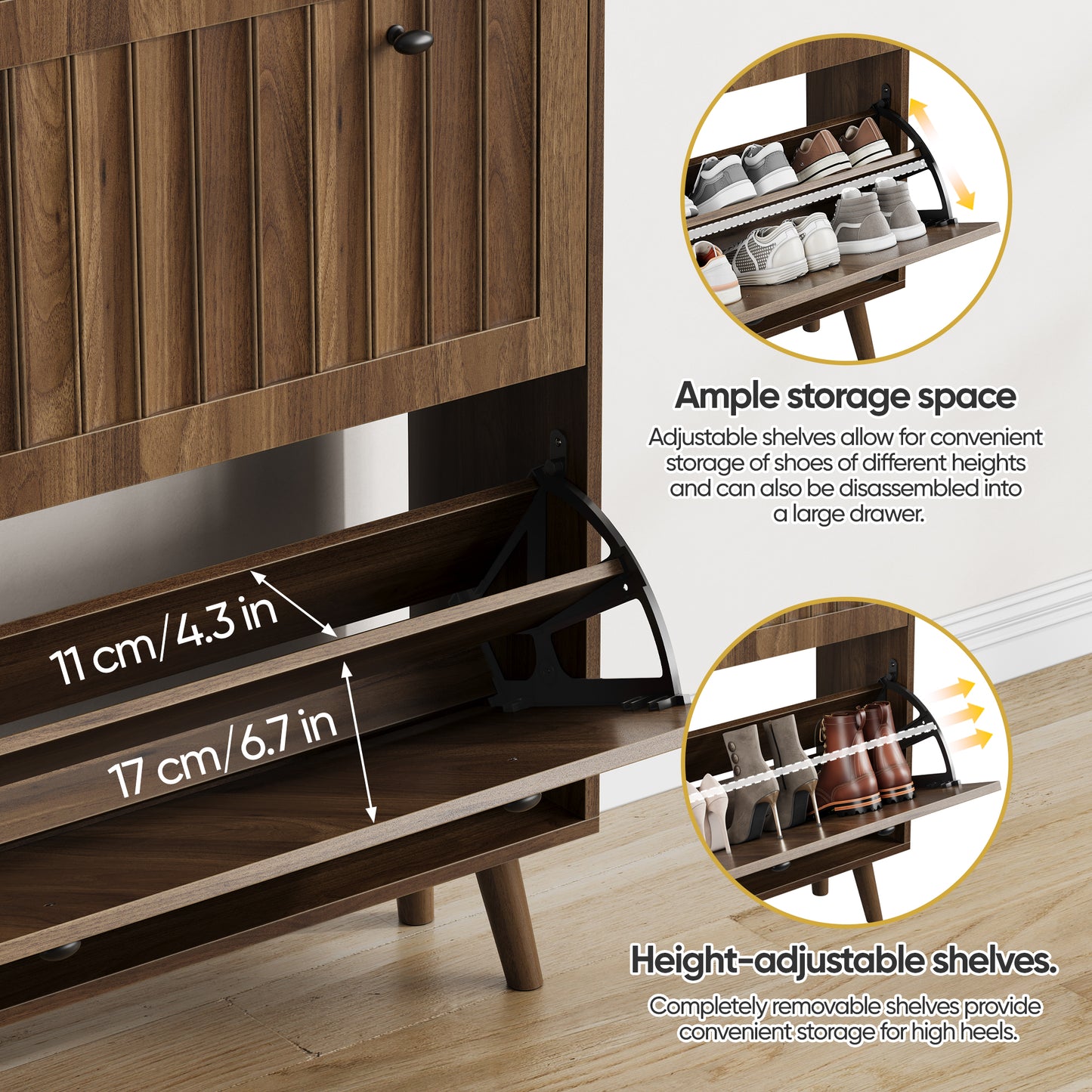 Medieval-Style Modern Shoe Cabinet | Upright Shoe Storage Unit with Vertical Grooved Finish – Walnut, 2 Sizes (23.6" or 31.5")