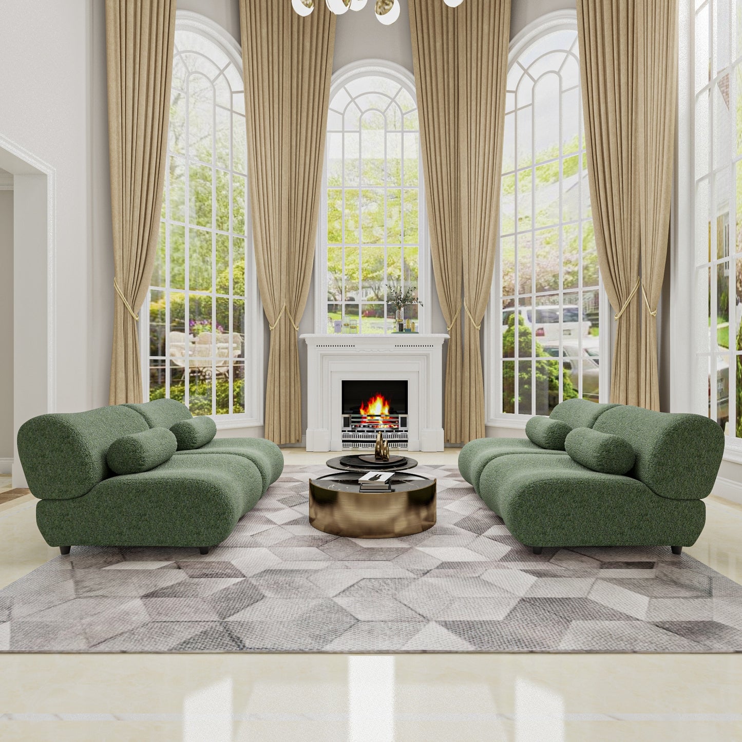 Chenille Fabric Living Room Sofa with Cylindrical Pillows, Freely Arrangeable 3 Colors