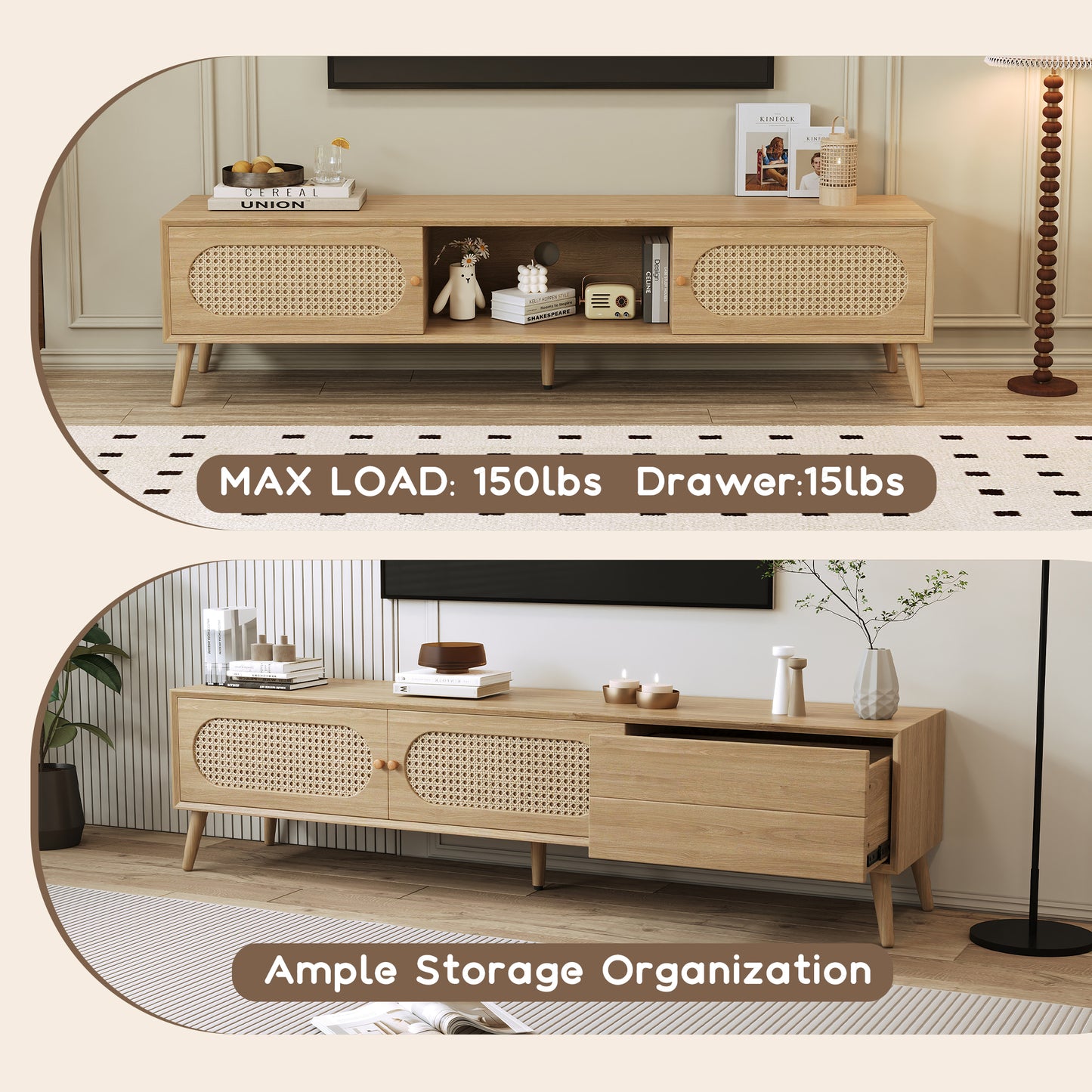 Modern Farmhouse Media Console – Rattan TV Cabinet with Solid Wood Legs, 70.8" for 80" TV