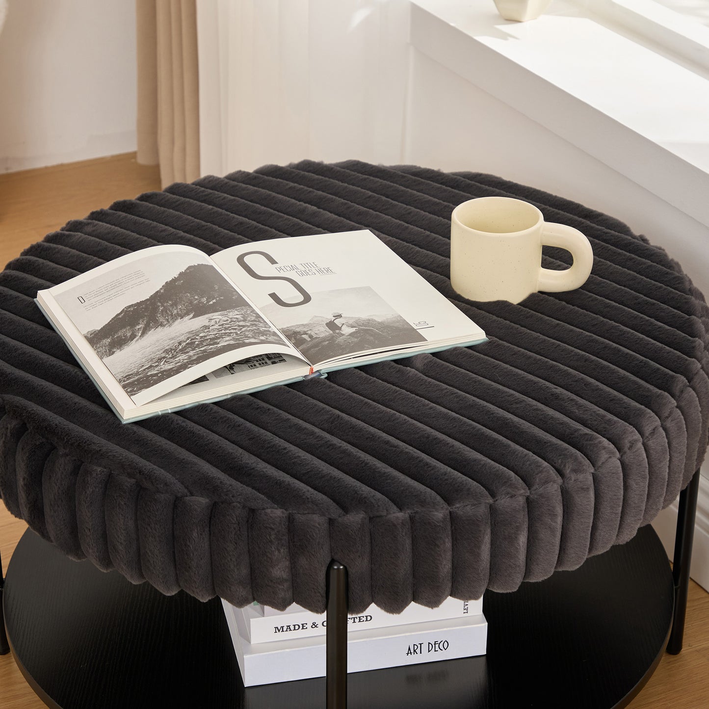 Upholstered Round Ottoman Coffee Table & Pouf Foot Rest | Faux Fur, Metal Legs – Beige/Brown/Charcoal