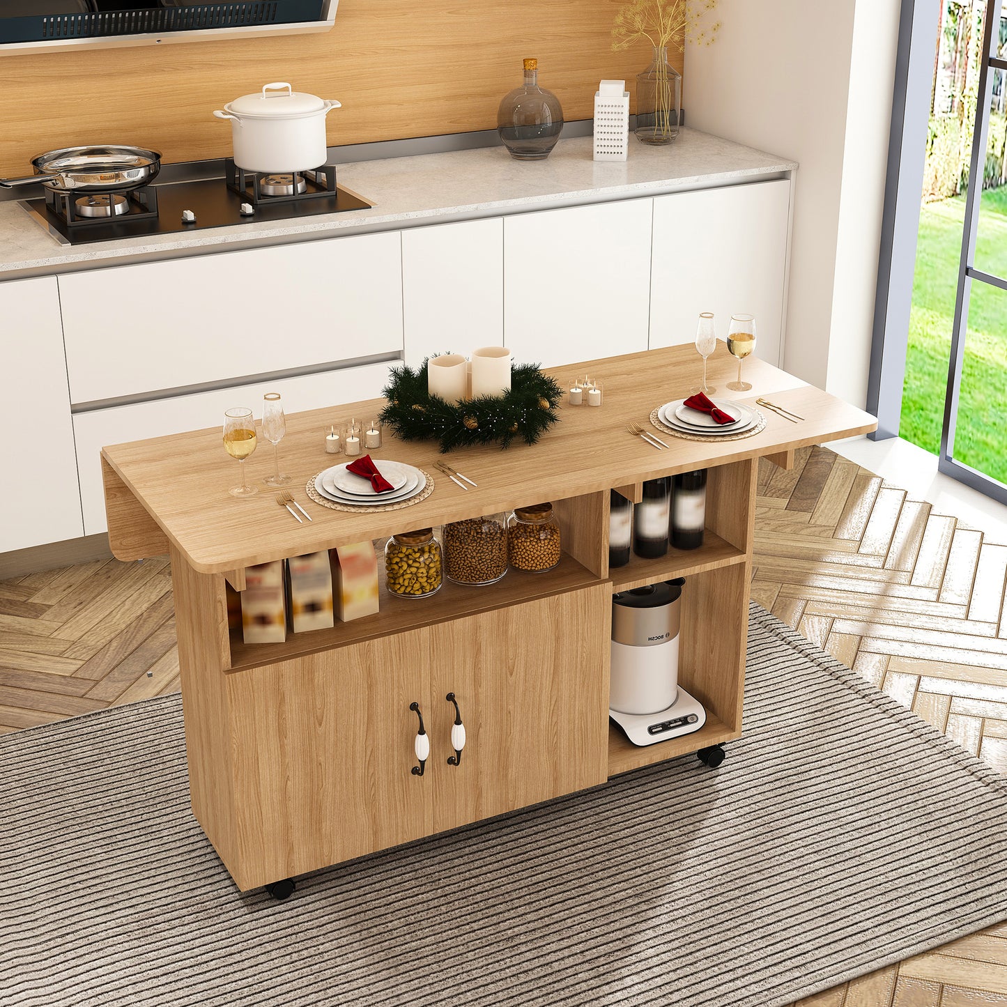 Multi-Functional Folding Table with Storage Shelves and Wheels | 47" Foldable Dining Table for Small Spaces, Compact Desk for Kitchen – Walnut/White/Oak