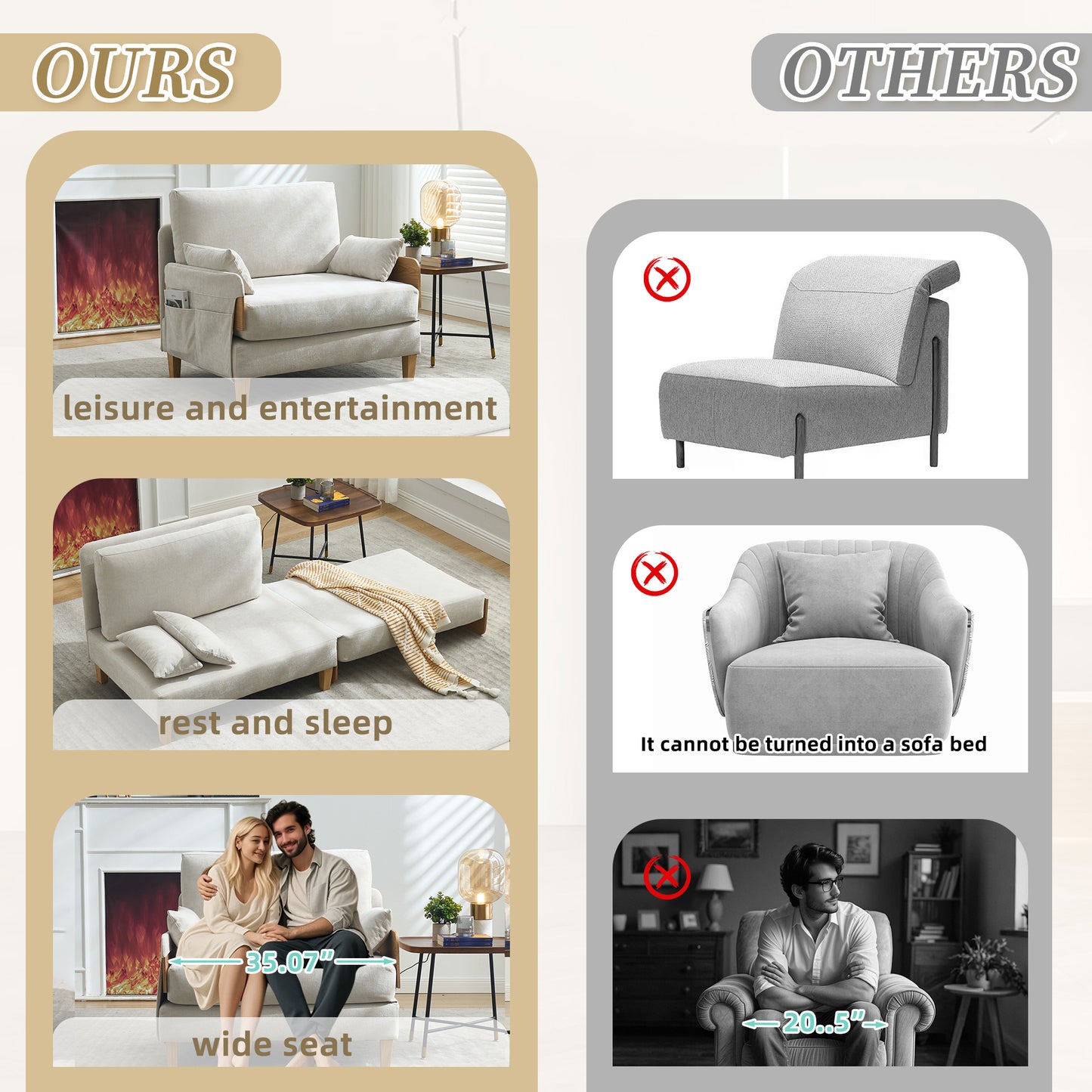 3 - Pillow Foldable Sofa Bed Recliner: 3 - in - 1 Convertible, Mid - Century Modern, Small Space - Friendly