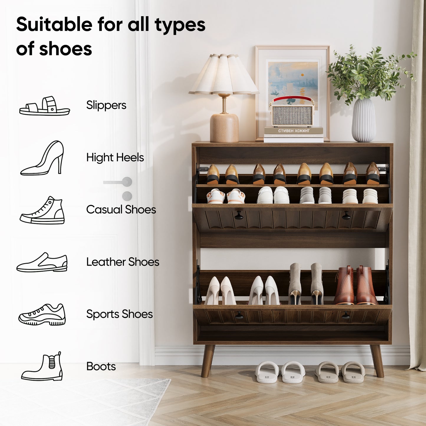 Medieval-Style Modern Shoe Cabinet | Upright Shoe Storage Unit with Vertical Grooved Finish – Walnut, 2 Sizes (23.6" or 31.5")