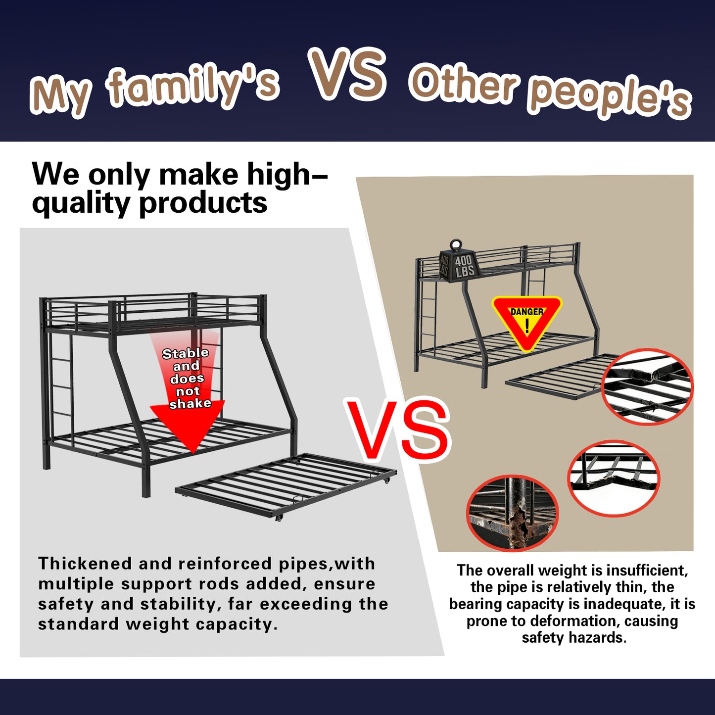High-Stability Square Tube Bunk Bed with Ladder & Rolling Trundle | Full Size – Modern Minimalist, Strong Load-Bearing for Home/Dorm/Guest Room