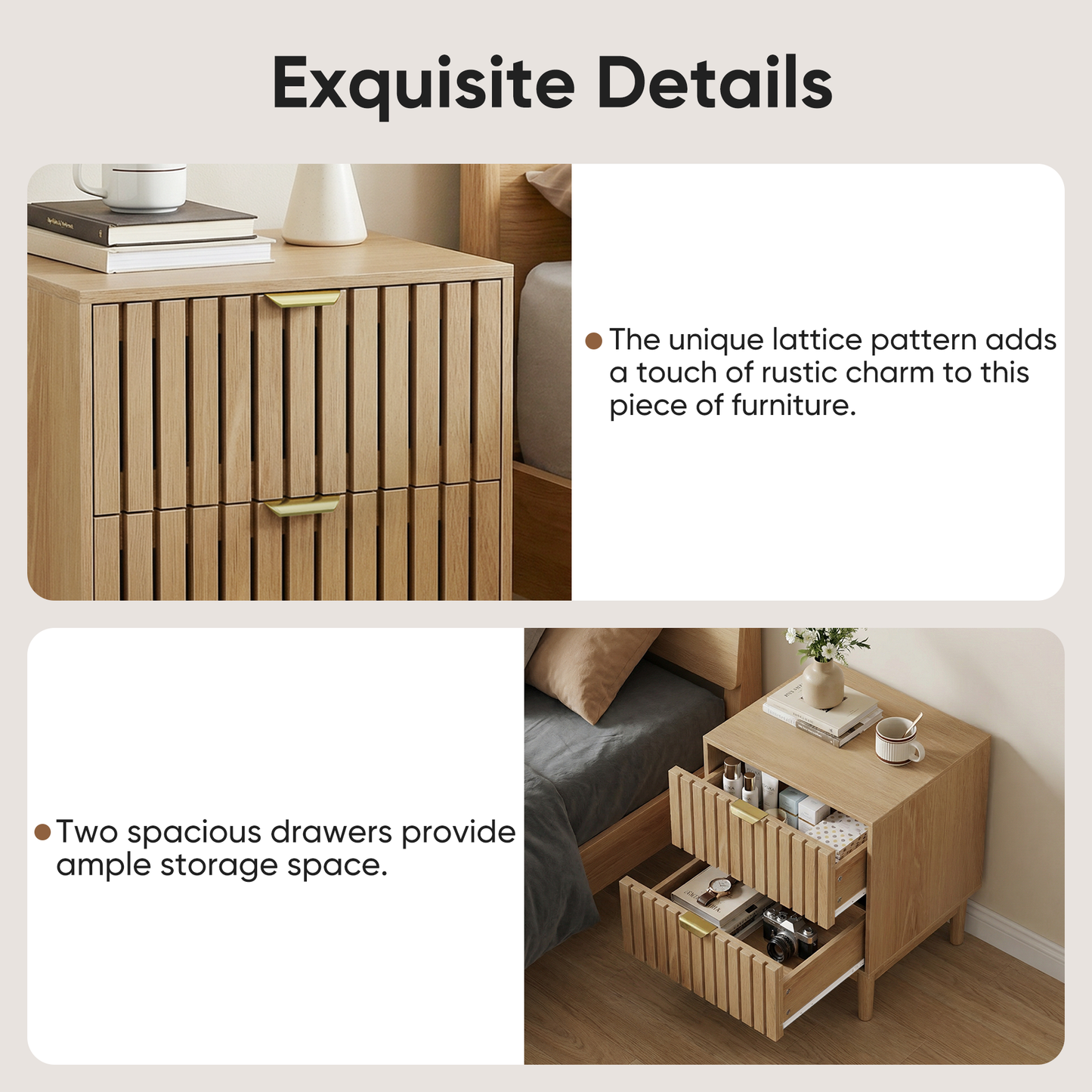 Oak Bedside Table with Grille Design and Two Drawers – Nightstand | Modern Storage Cabinet for Bedroom, Living Room, Office