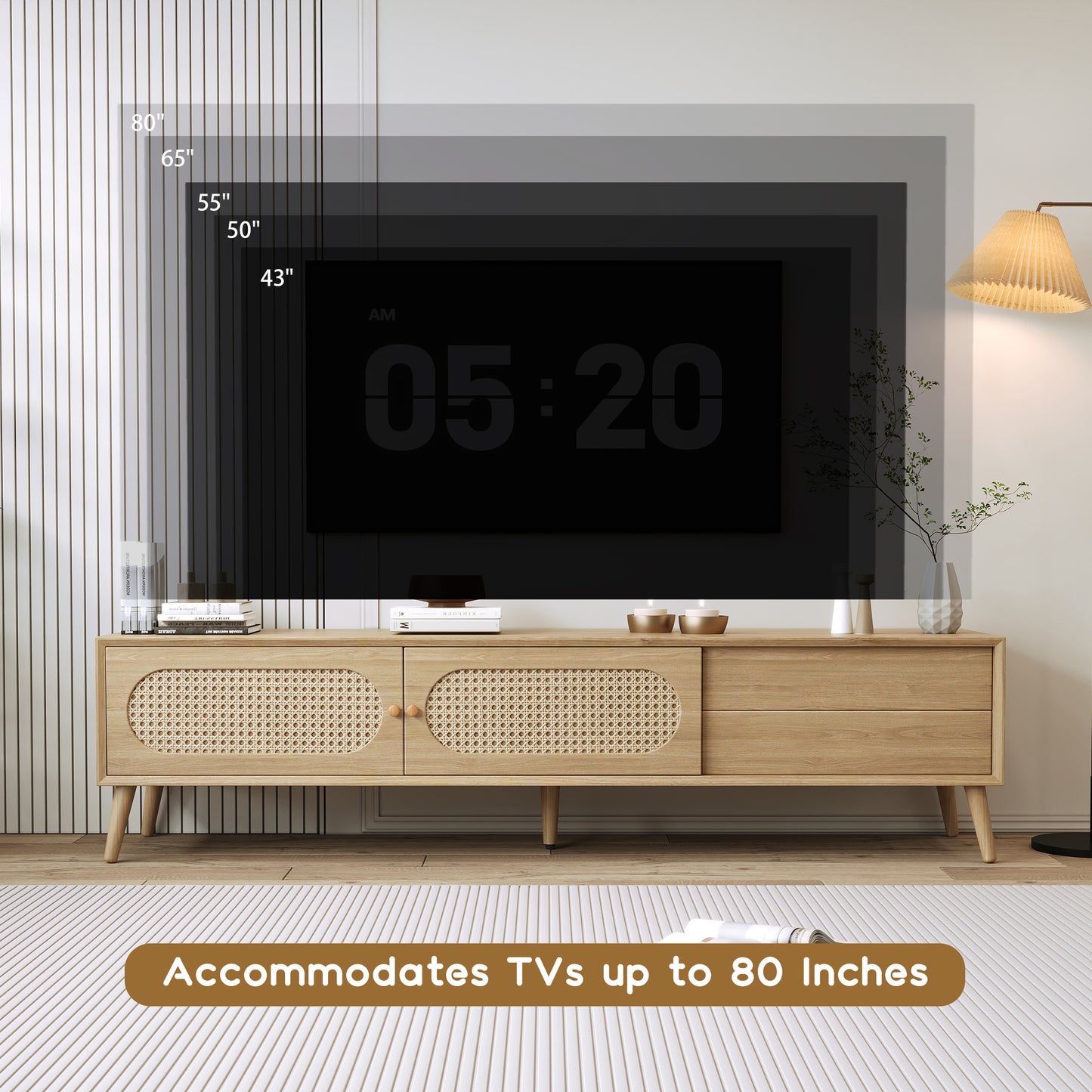 Modern Farmhouse Media Console – Rattan TV Cabinet with Solid Wood Legs, 70.8" for 80" TV