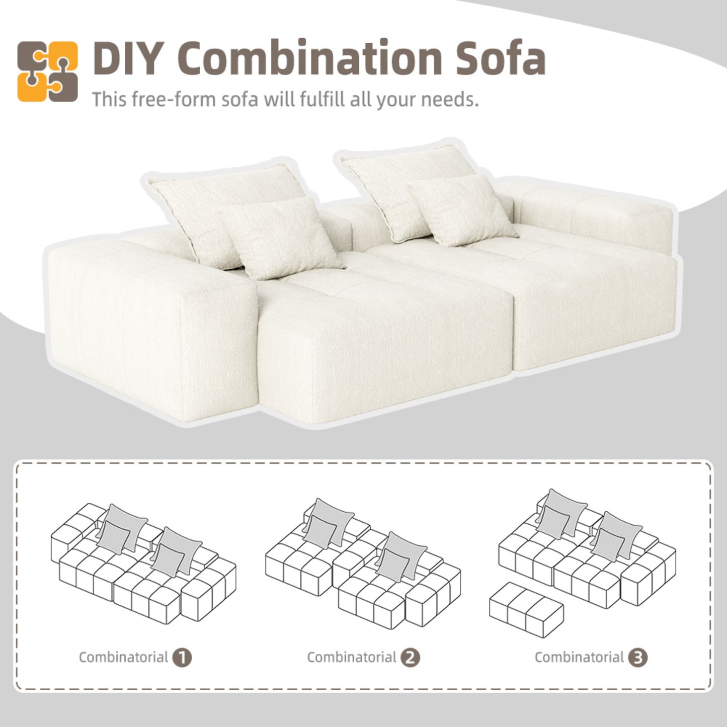 Modular Sectional Sofa with 2 chaise lounge and 2 armrest,Sparkling Chenille Fabric Soft Cushion Sofa with 4 Pillows