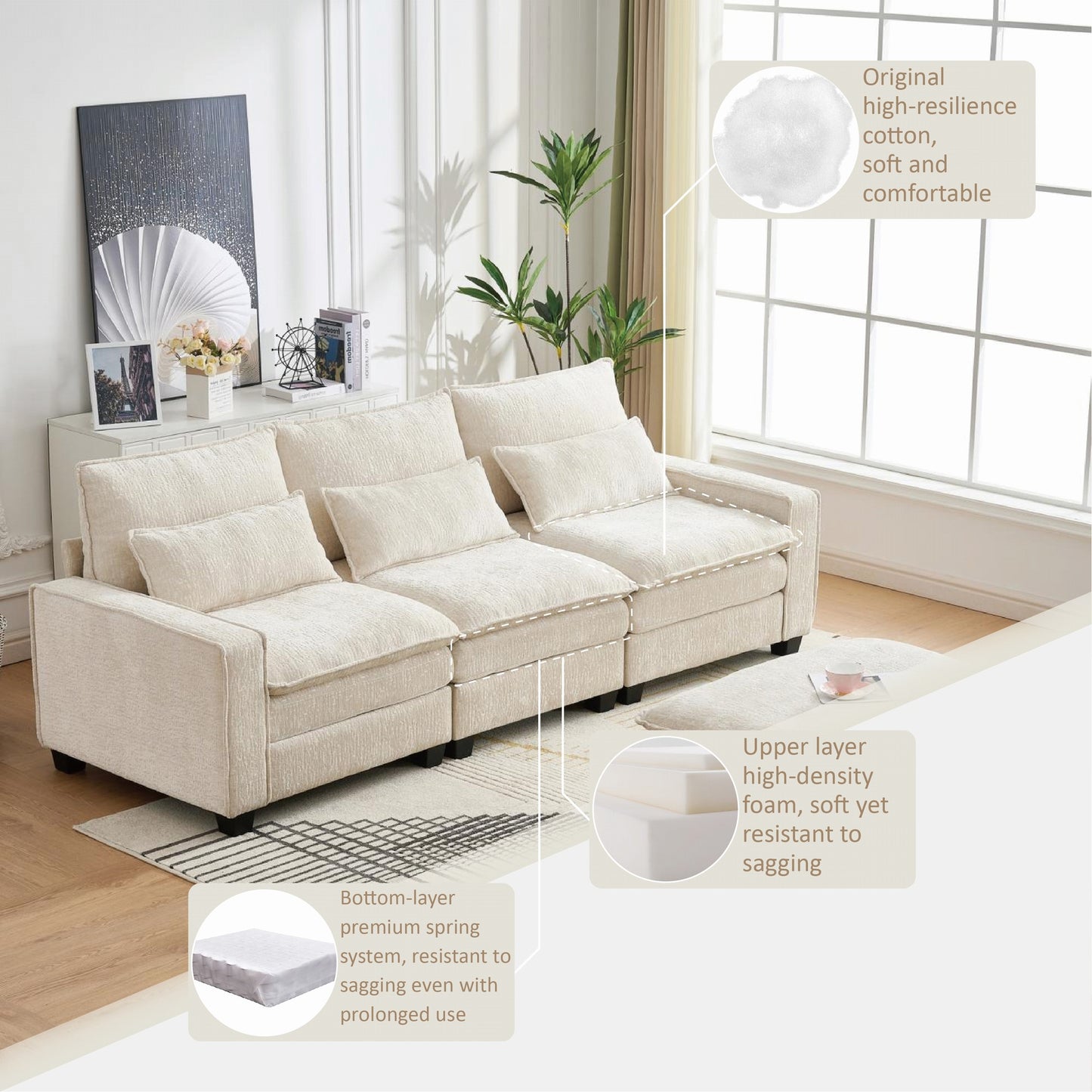Sectional Cloud Deep Seat Couch, Modern Comfy Chenille L Shaped Sectional Sofa  with Movable Ottoman for Living Room