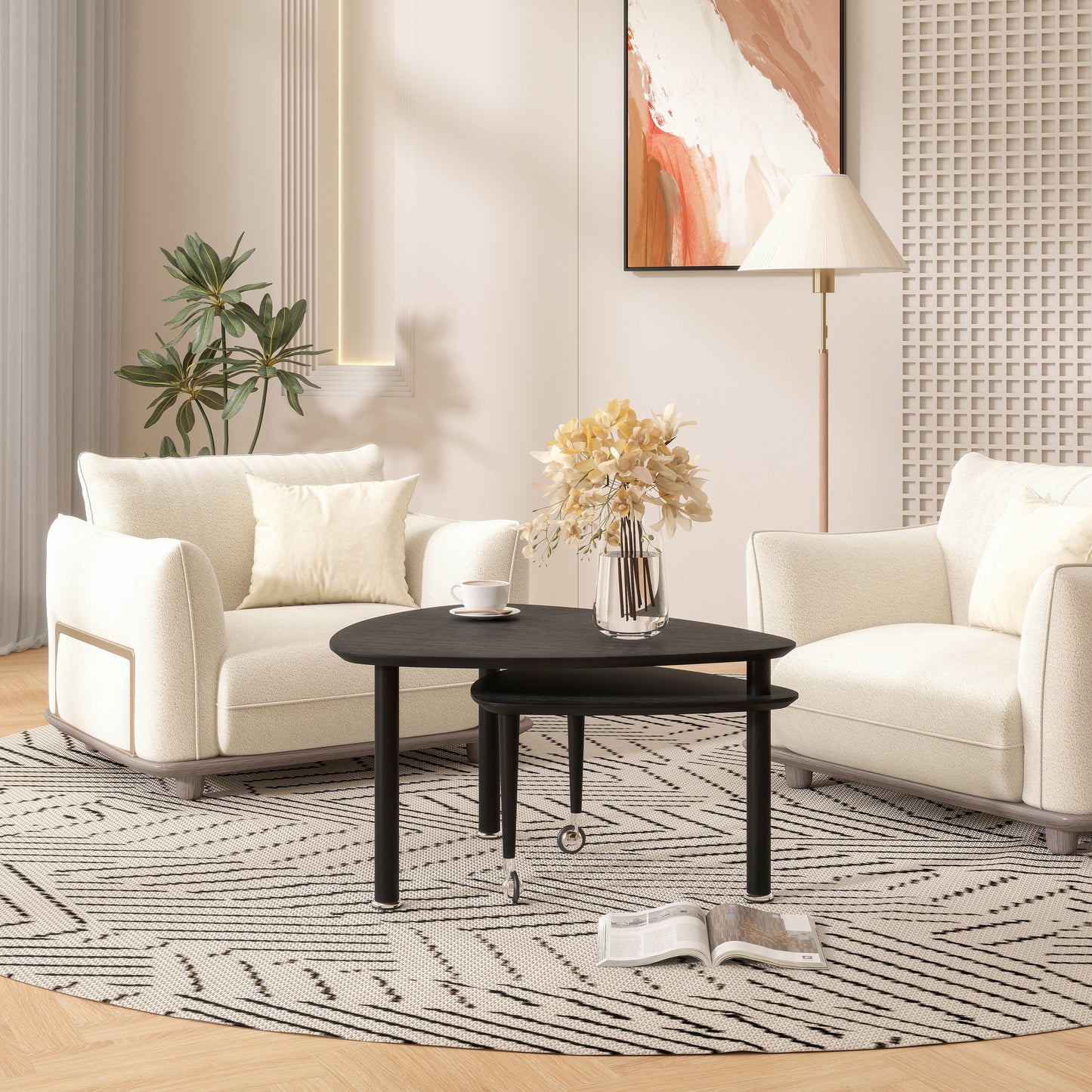 360° Rotatable Modern Coffee Table for Living Room – Solid Wood Legs with Nesting Design (Black/Walnut/White)