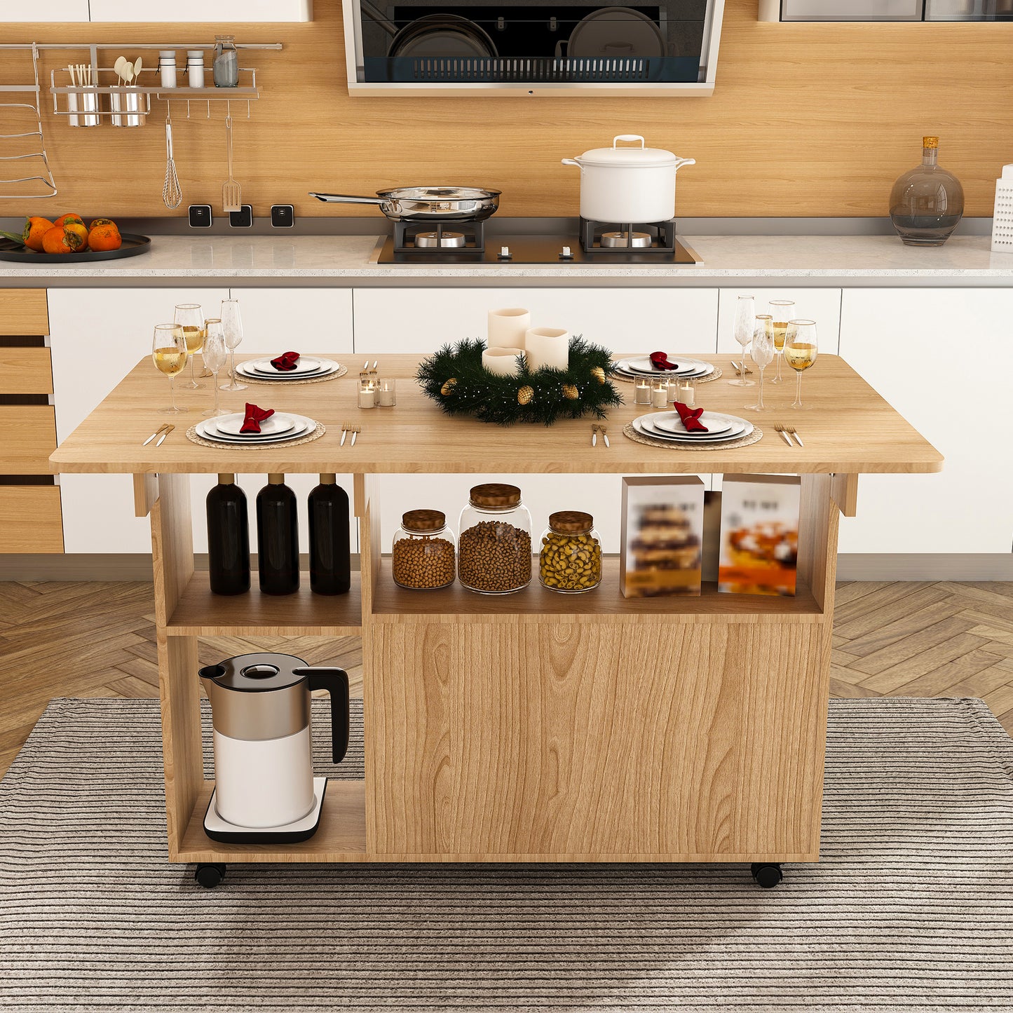 Multi-Functional Folding Table with Storage Shelves and Wheels | 47" Foldable Dining Table for Small Spaces, Compact Desk for Kitchen – Walnut/White/Oak