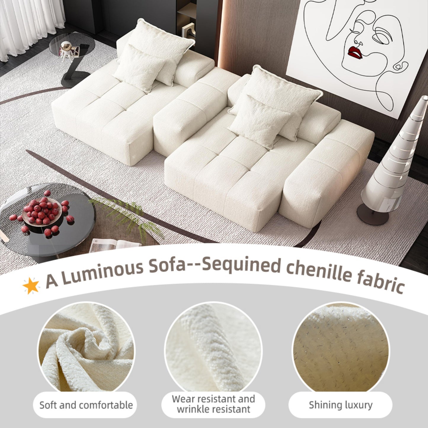 Modular Sectional Sofa with 2 chaise lounge and 2 armrest,Sparkling Chenille Fabric Soft Cushion Sofa with 4 Pillows