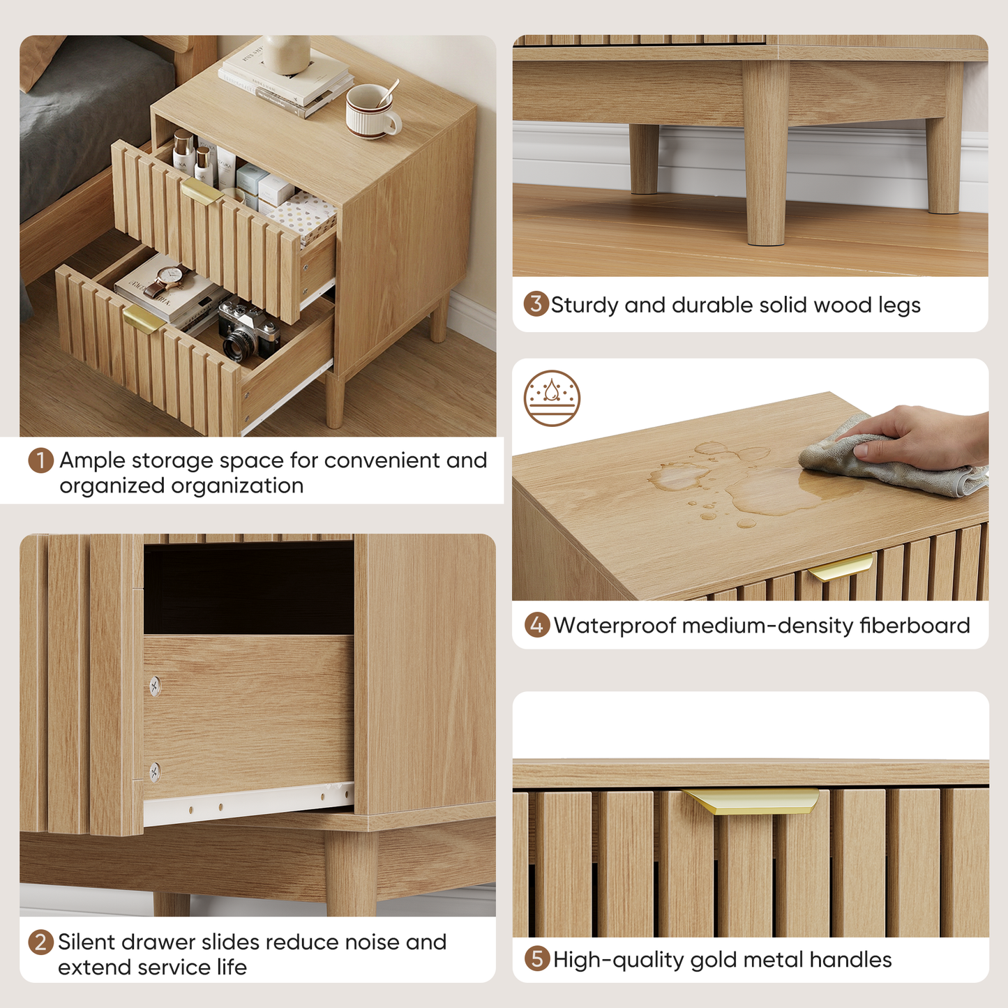 Oak Bedside Table with Grille Design and Two Drawers – Nightstand | Modern Storage Cabinet for Bedroom, Living Room, Office