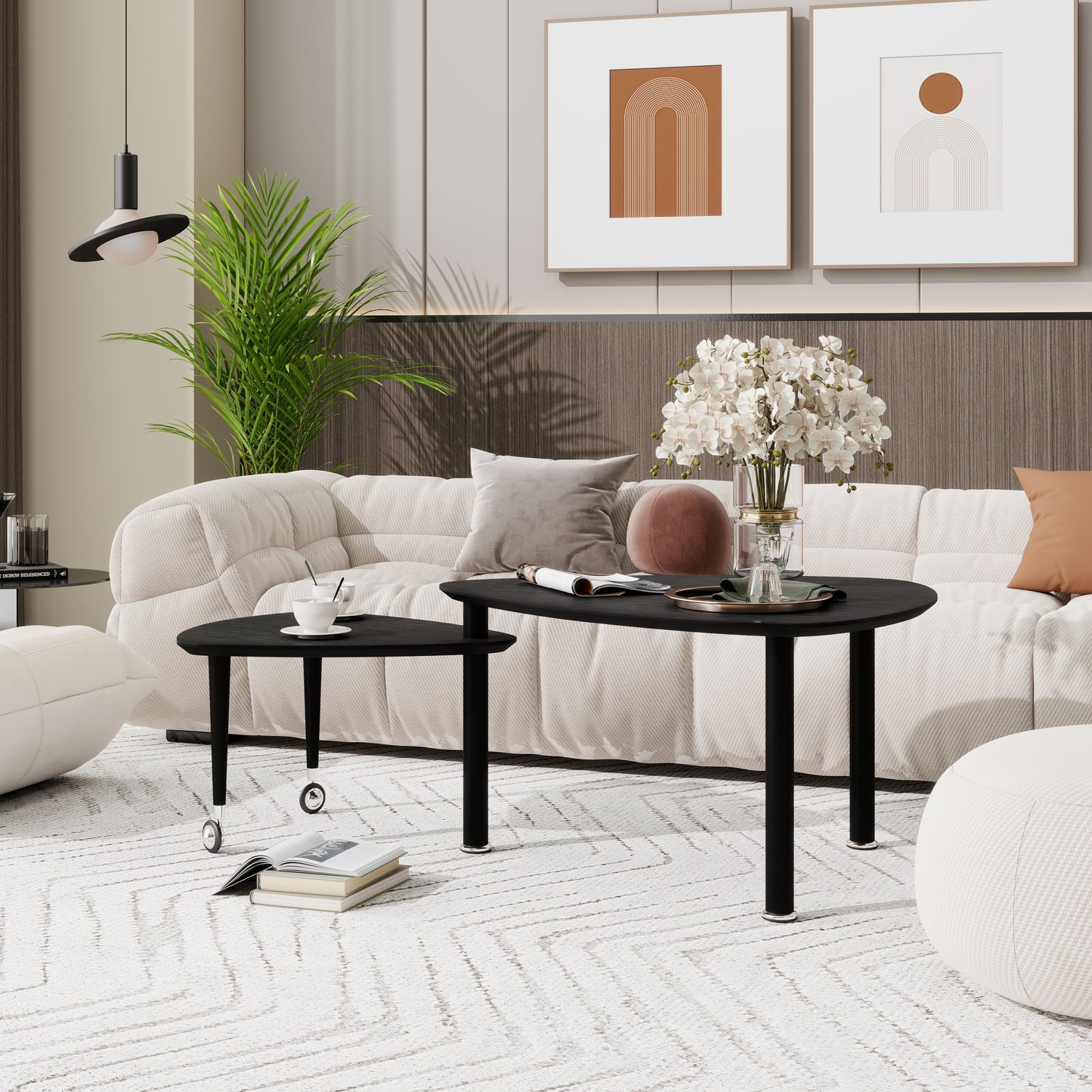 360° Rotatable Modern Coffee Table for Living Room – Solid Wood Legs with Nesting Design (Black/Walnut/White)