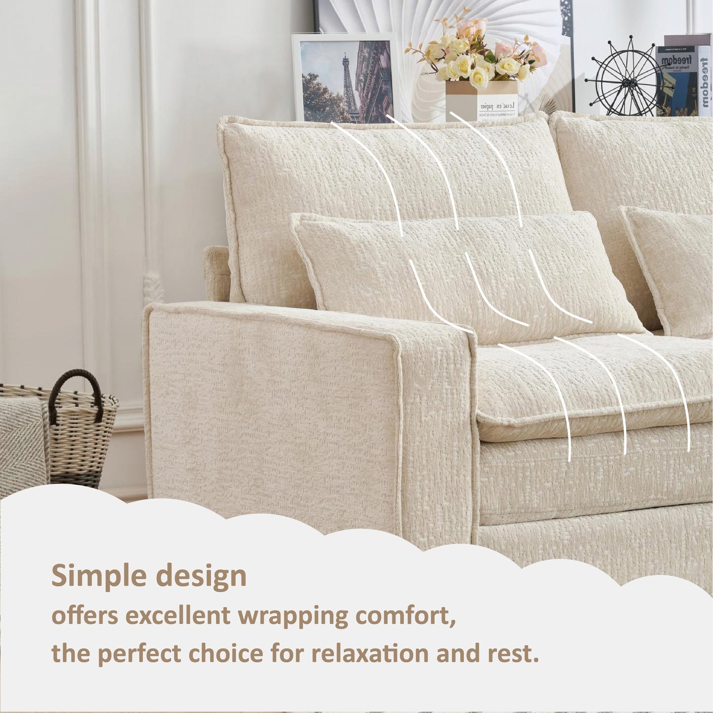 Sectional Cloud Deep Seat Couch, Modern Comfy Chenille L Shaped Sectional Sofa  with Movable Ottoman for Living Room