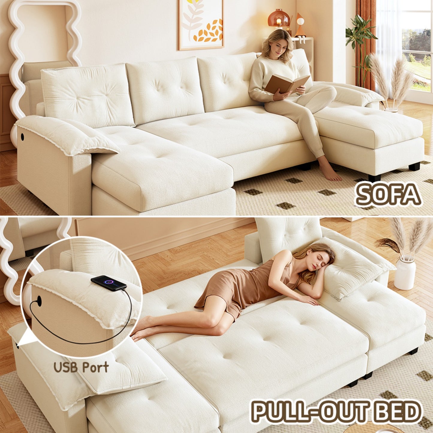 U-Shaped Sleeper Sofa with Pull Out Bed,2 in 1 Convertible Couch Bed with Removable Armrests & USB Ports