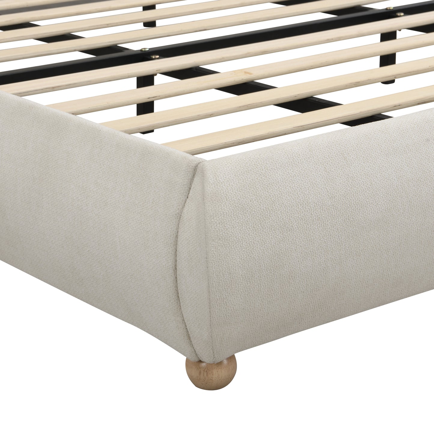 Upholstered Platform Bed Frame with Rounded Corners Curved Headboard | Chenille Fabric, Wooden Slats, Oak Legs – No Box Spring Needed (Queen/King)