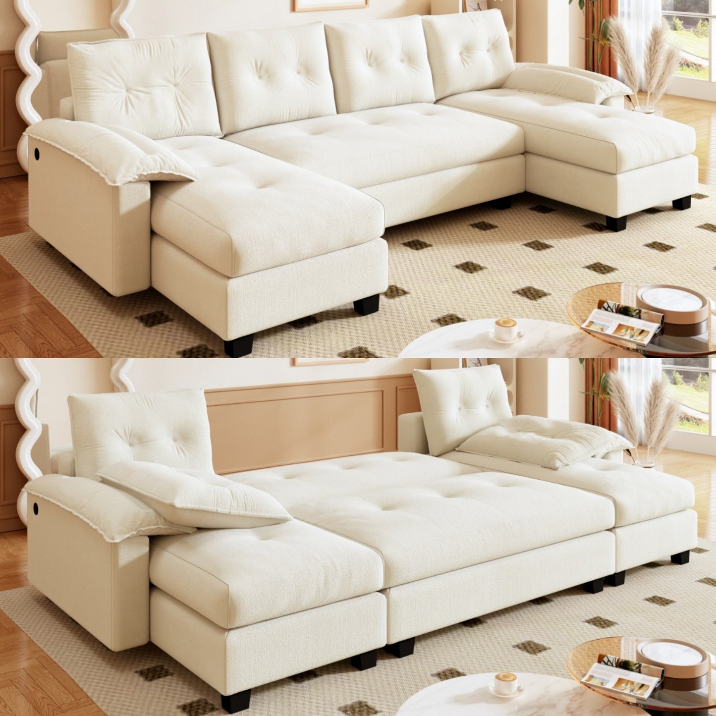 U-Shaped Sleeper Sofa with Pull Out Bed,2 in 1 Convertible Couch Bed with Removable Armrests & USB Ports