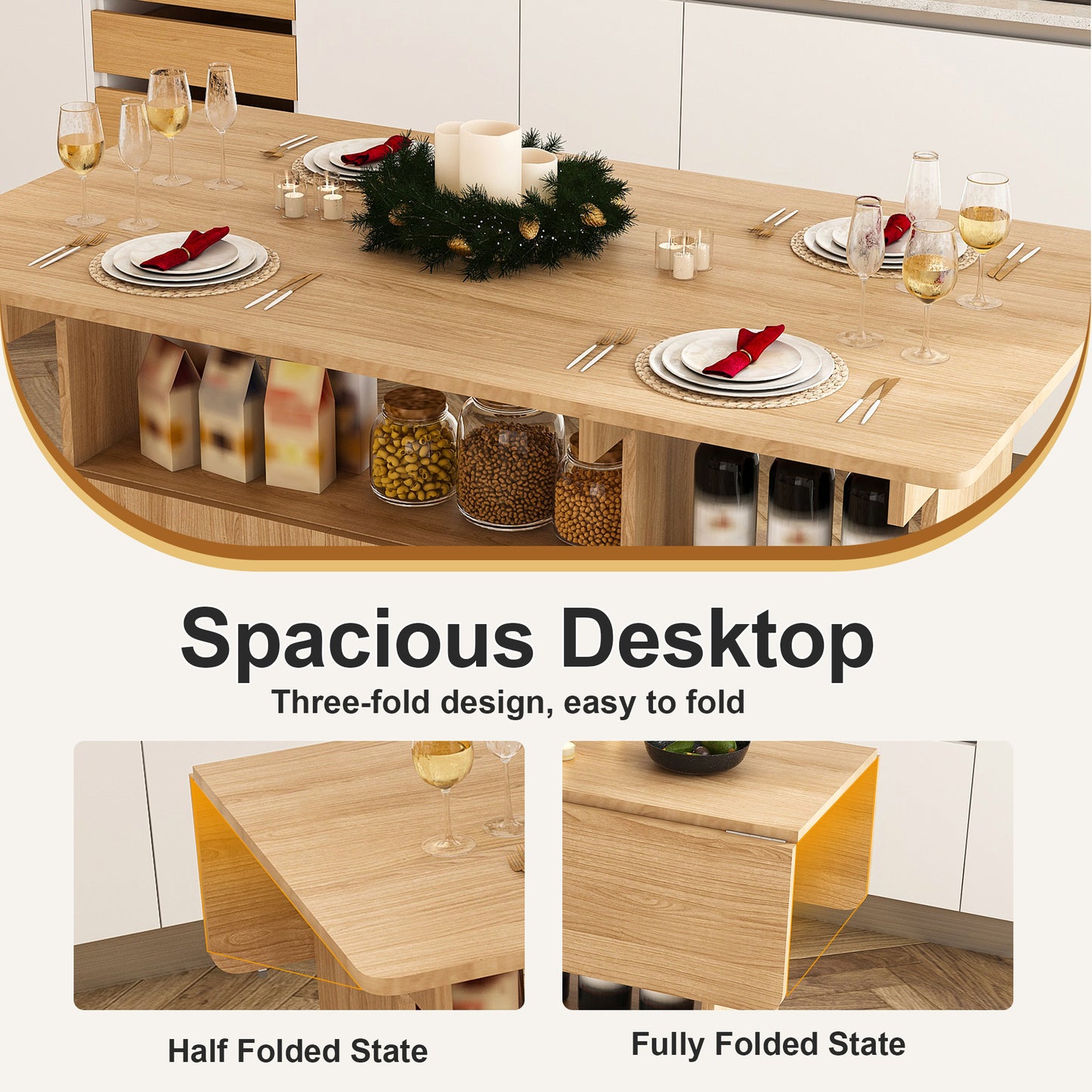 Multi-Functional Folding Table with Storage Shelves and Wheels | 47" Foldable Dining Table for Small Spaces, Compact Desk for Kitchen – Walnut/White/Oak