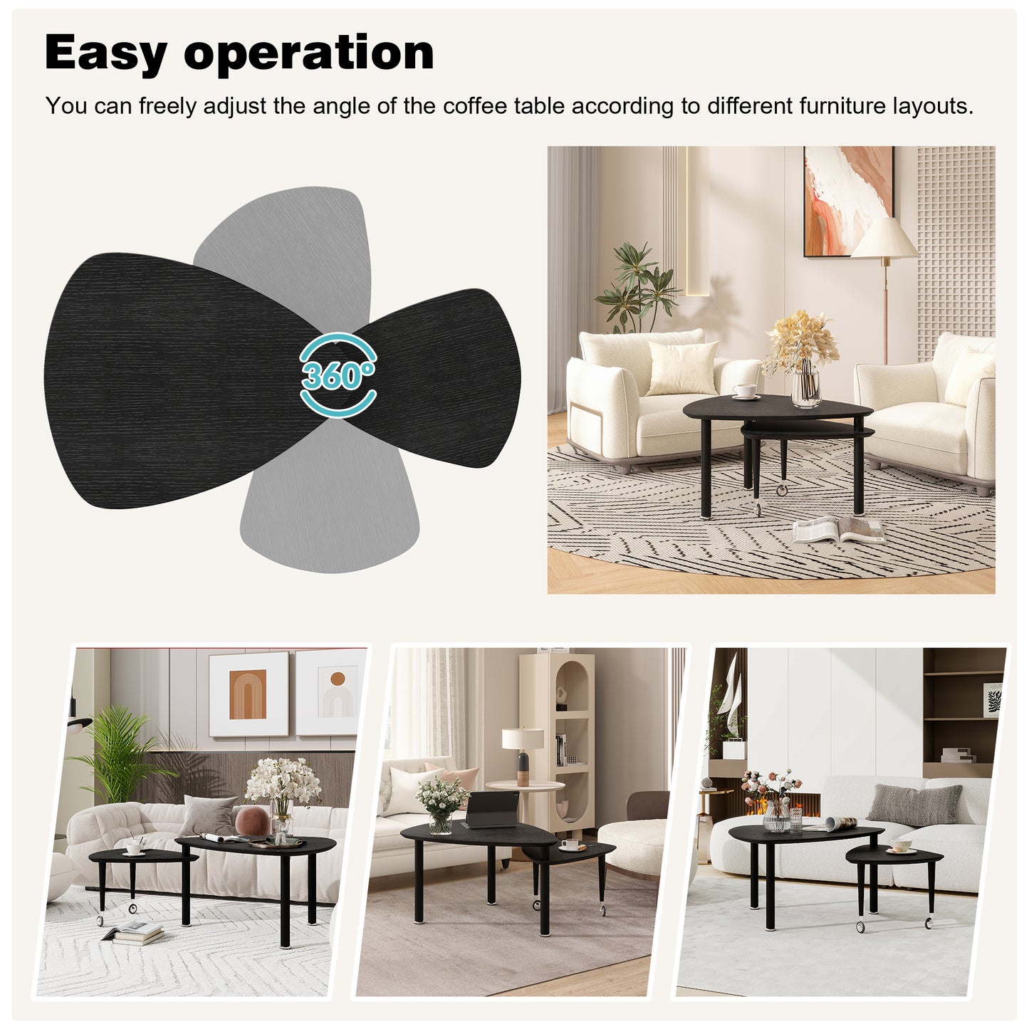 360° Rotatable Modern Coffee Table for Living Room – Solid Wood Legs with Nesting Design (Black/Walnut/White)