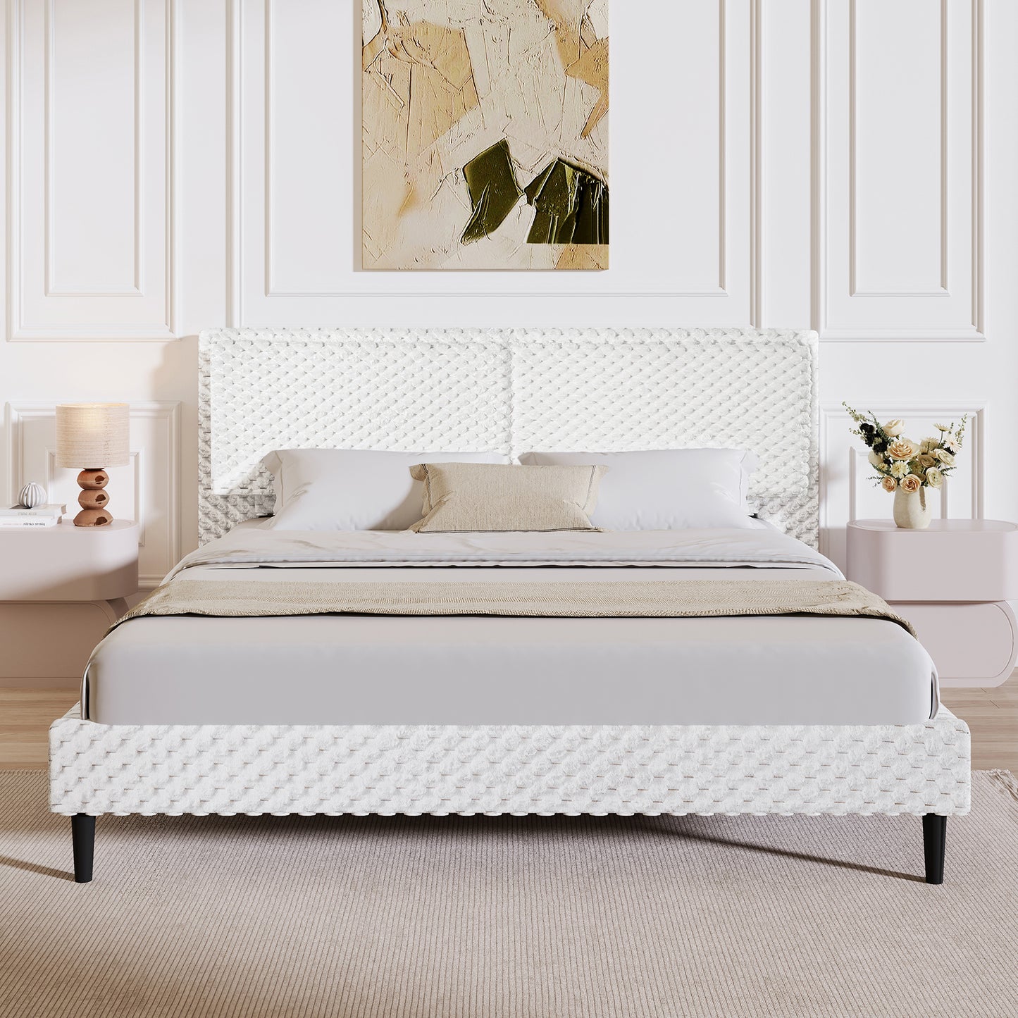 Modern White Plush Soft Bed – Comfortable Backrest Bedroom Bed (Queen/King)