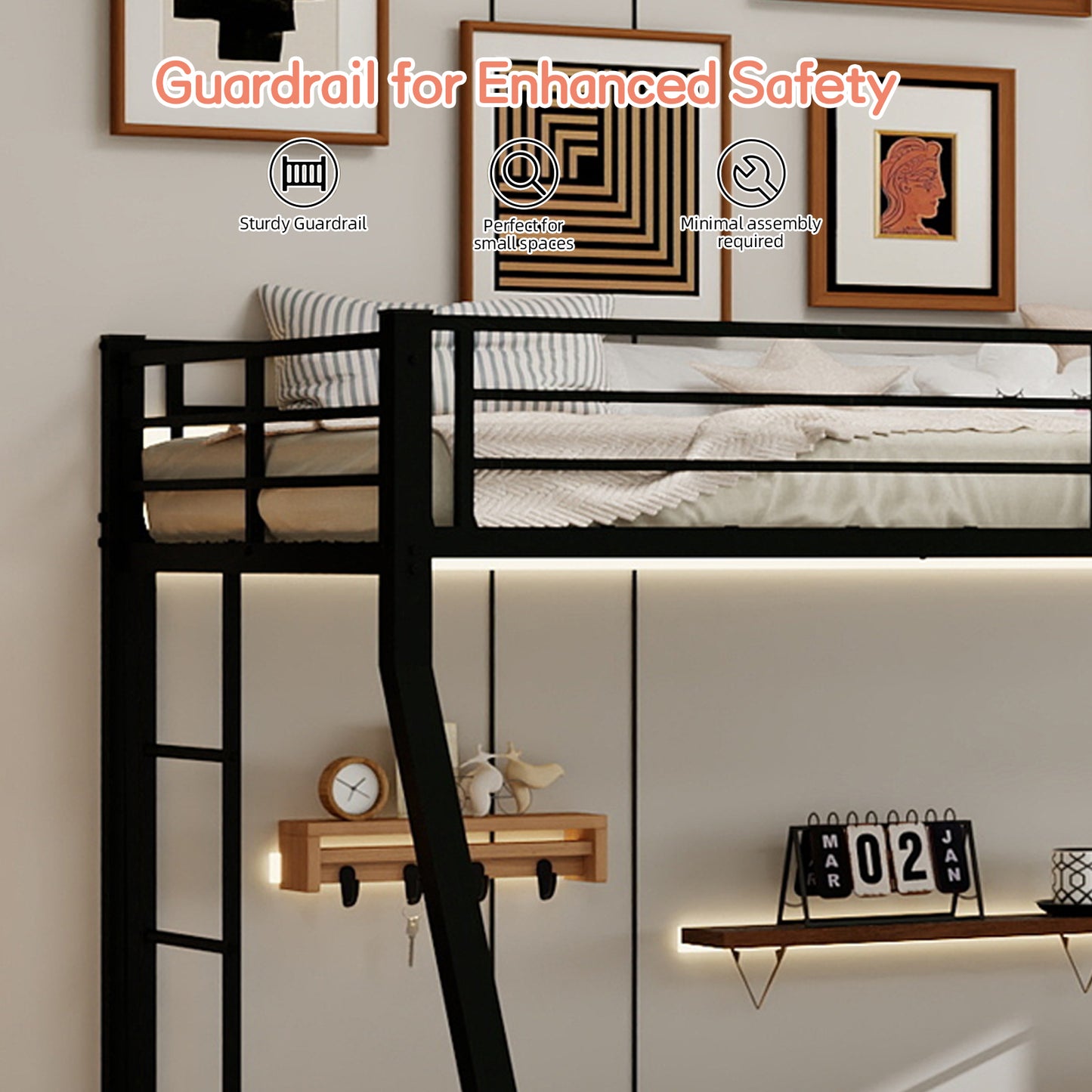 High-Stability Square Tube Bunk Bed with Ladder & Rolling Trundle | Full Size – Modern Minimalist, Strong Load-Bearing for Home/Dorm/Guest Room