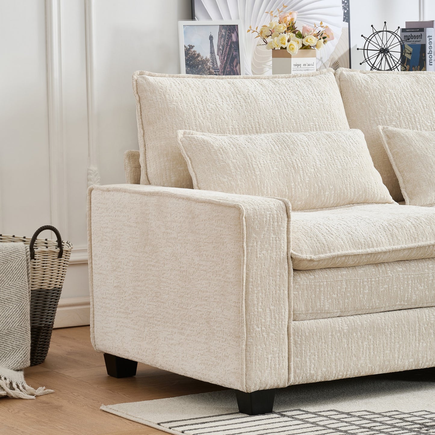 Sectional Cloud Deep Seat Couch, Modern Comfy Chenille L Shaped Sectional Sofa  with Movable Ottoman for Living Room