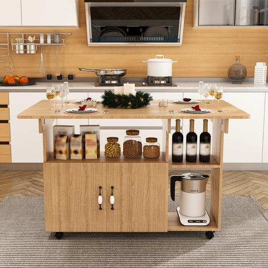 Multi-Functional Folding Table with Storage Shelves and Wheels | 47" Foldable Dining Table for Small Spaces, Compact Desk for Kitchen – Walnut/White/Oak