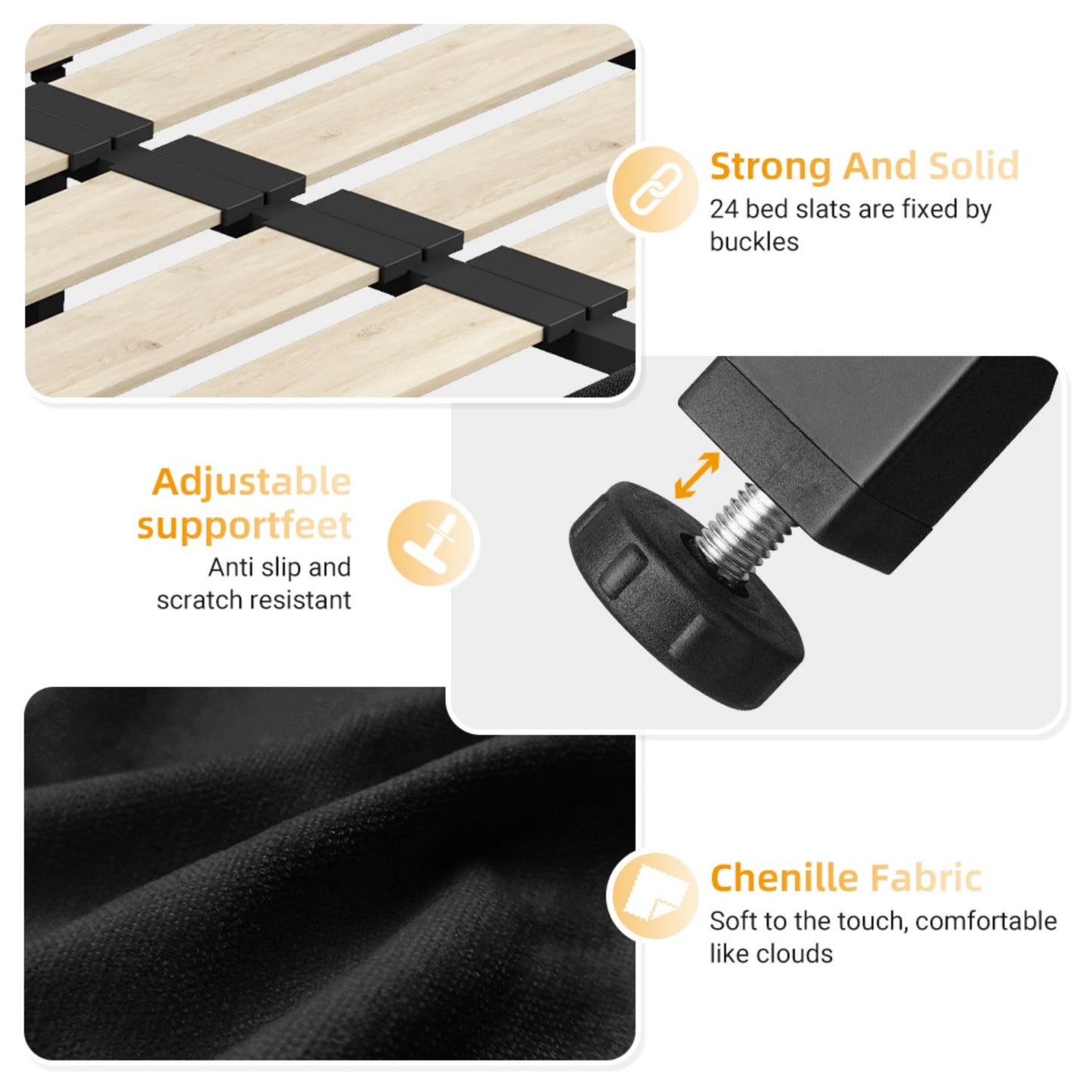 Queen/King Size Bed Frame Chenille Platform Bed with Metal and Wooden Slats Double Support – Cloud Pillow Headboard, Silent Sturdy