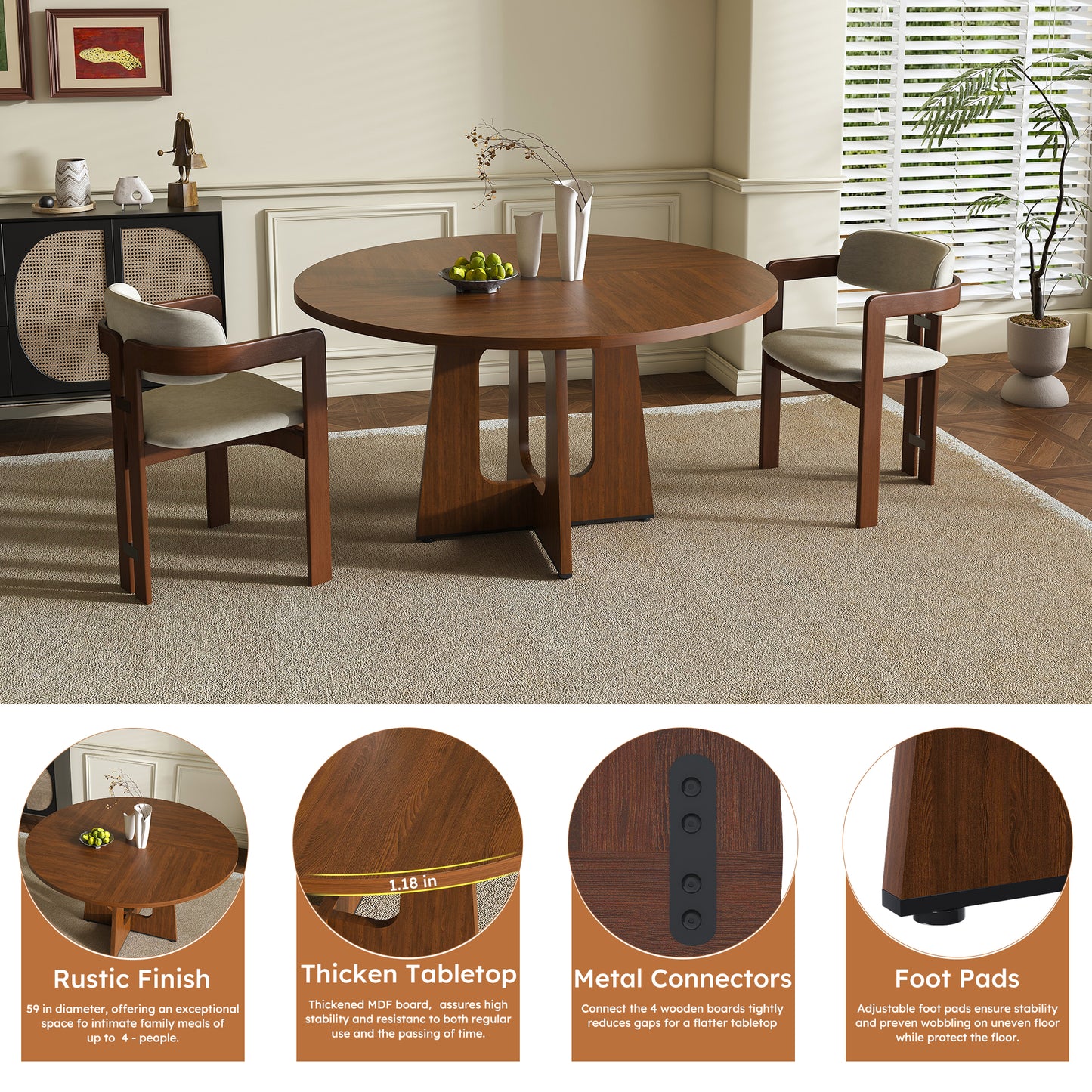 Round Dining Table, MDF Circle Table with Wood Grain Finish, Easy Assembly