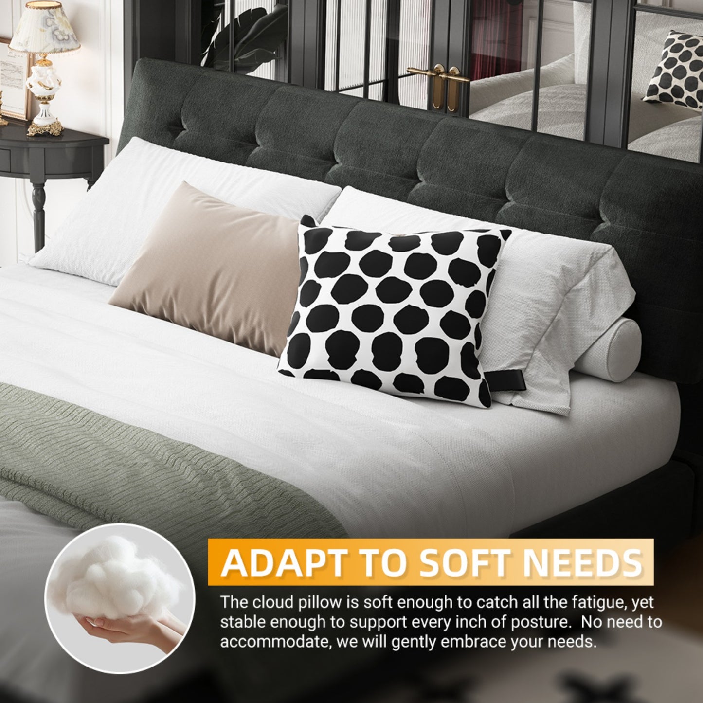 Queen/King Size Bed Frame Chenille Platform Bed with Metal and Wooden Slats Double Support – Cloud Pillow Headboard, Silent Sturdy