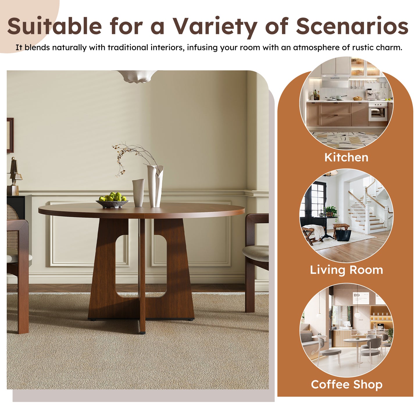 Round Dining Table, MDF Circle Table with Wood Grain Finish, Easy Assembly