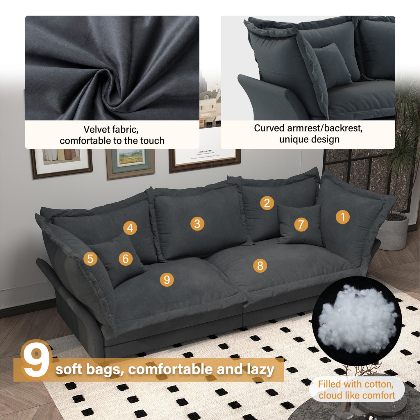 Comfy Upholstered Deep Seat Couches with Multiple Large Soft Pillows