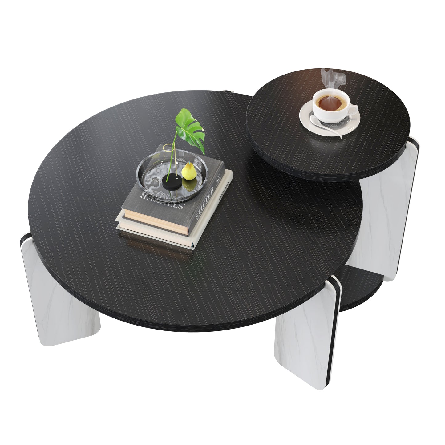 Round Nesting Coffee Table Set of 2 – Sintered Stone Top, 18mm MDF + Stone Legs (White+Black / Walnut / Black)