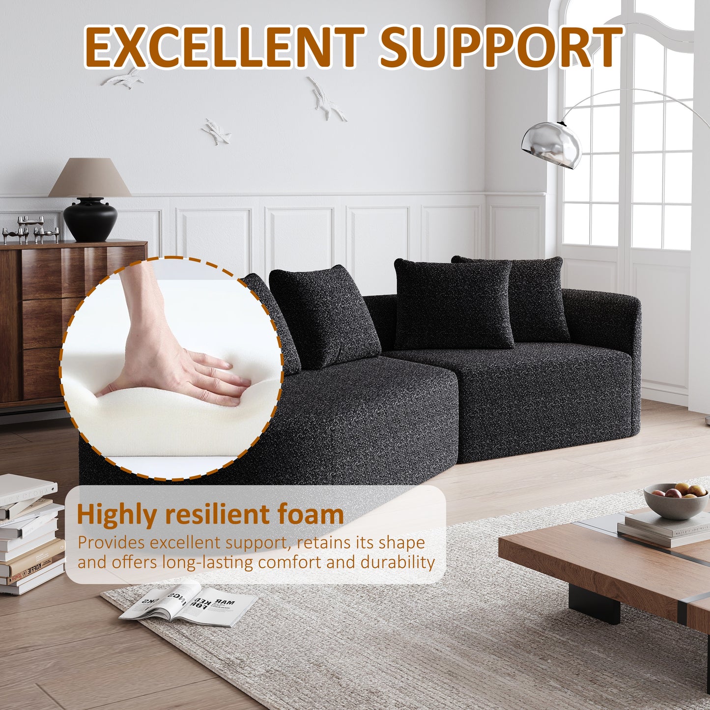 Extra Deep & Wide Seat Curved Cloud Couch with 4 Throw Pillows-3 Colors