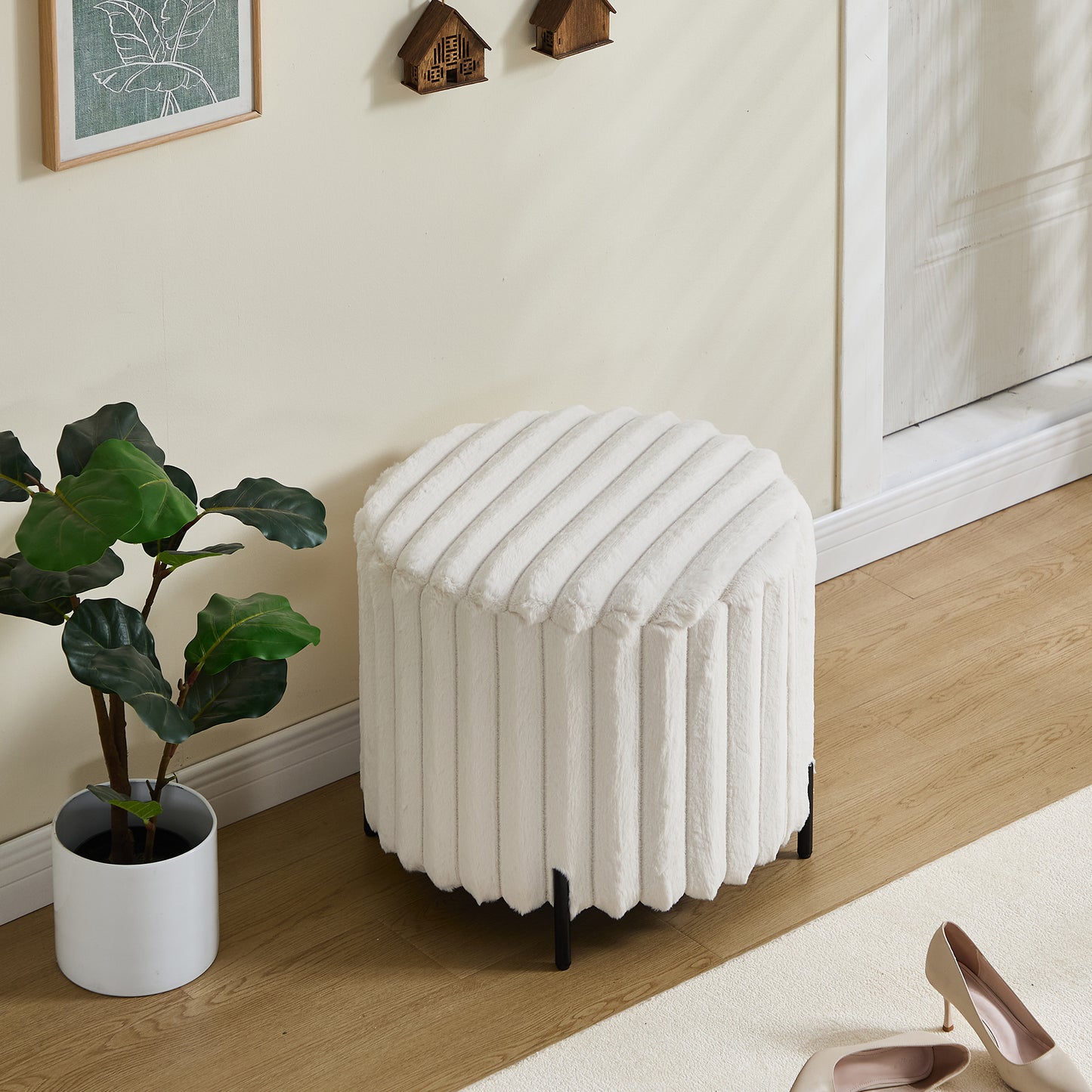 Upholstered Round Ottoman Coffee Table & Pouf Foot Rest | Faux Fur, Metal Legs – Beige/Brown/Charcoal